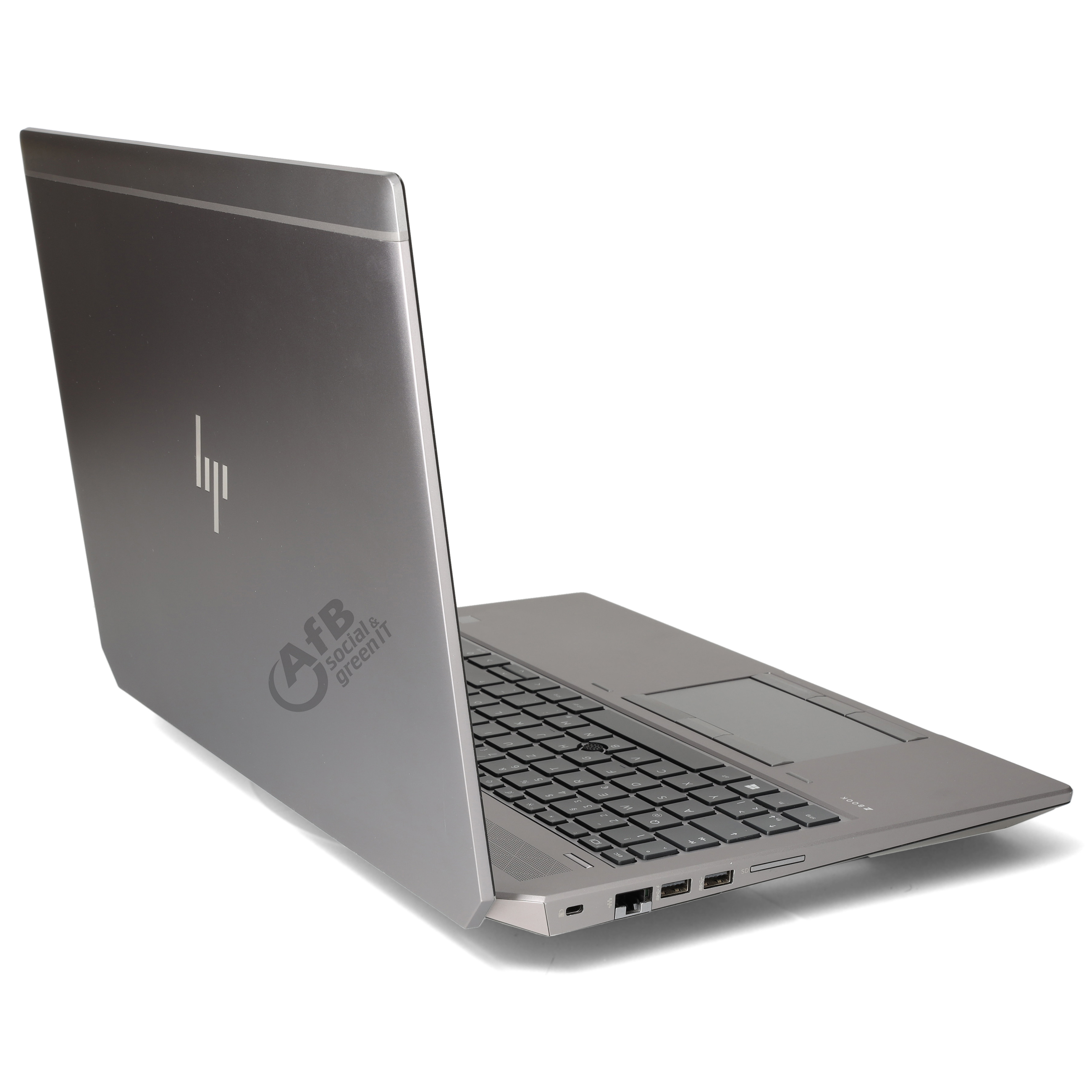 Grauer Laptop im Dreiviertelprofil auf weißem Hintergrund mit Logo.