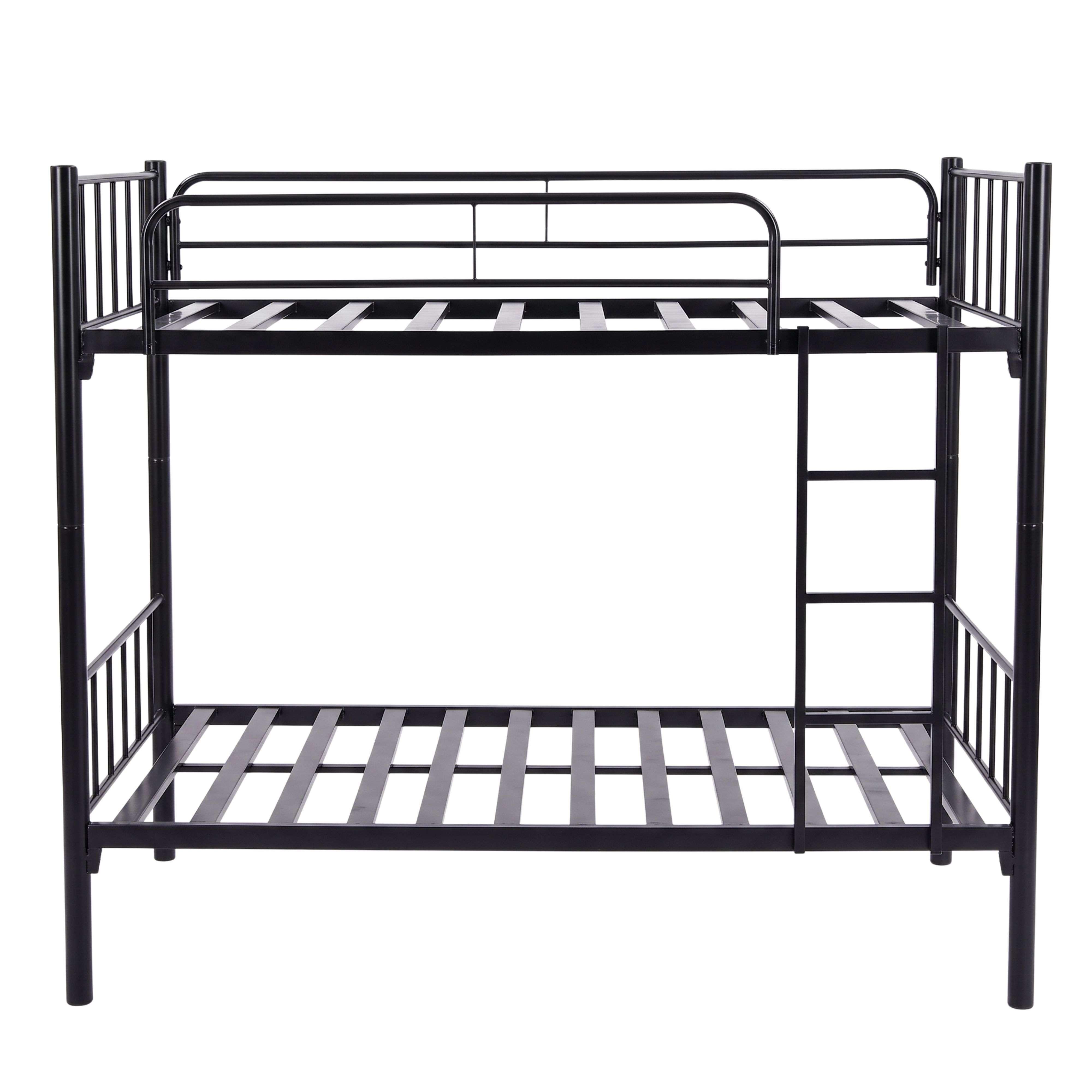 Una litera de metal negro con escalera integrada y barandillas de seguridad sobre fondo blanco.