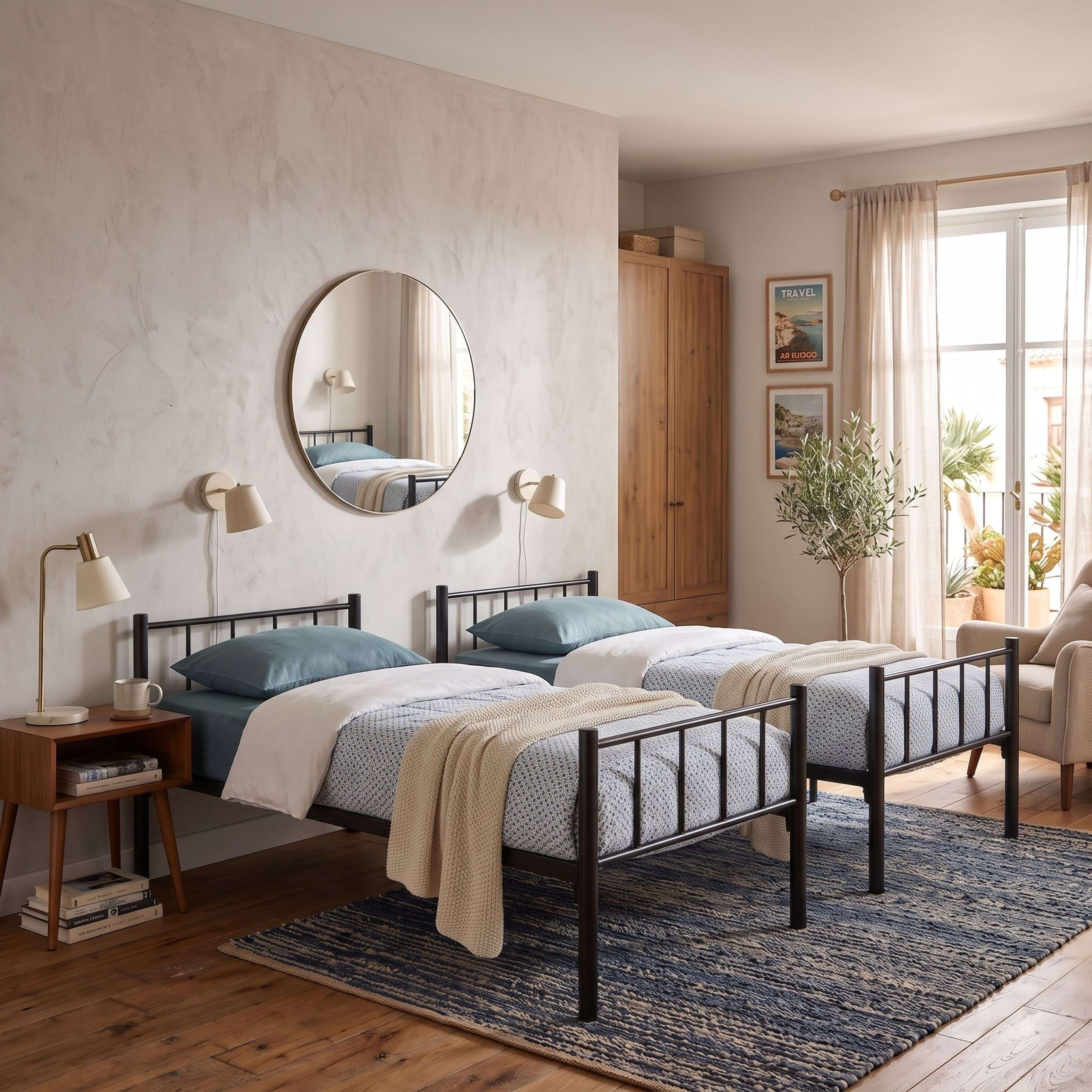 Un dormitorio acogedor con dos camas gemelas de metal, ropa de cama azul, un espejo de pared redondo y un armario de madera.