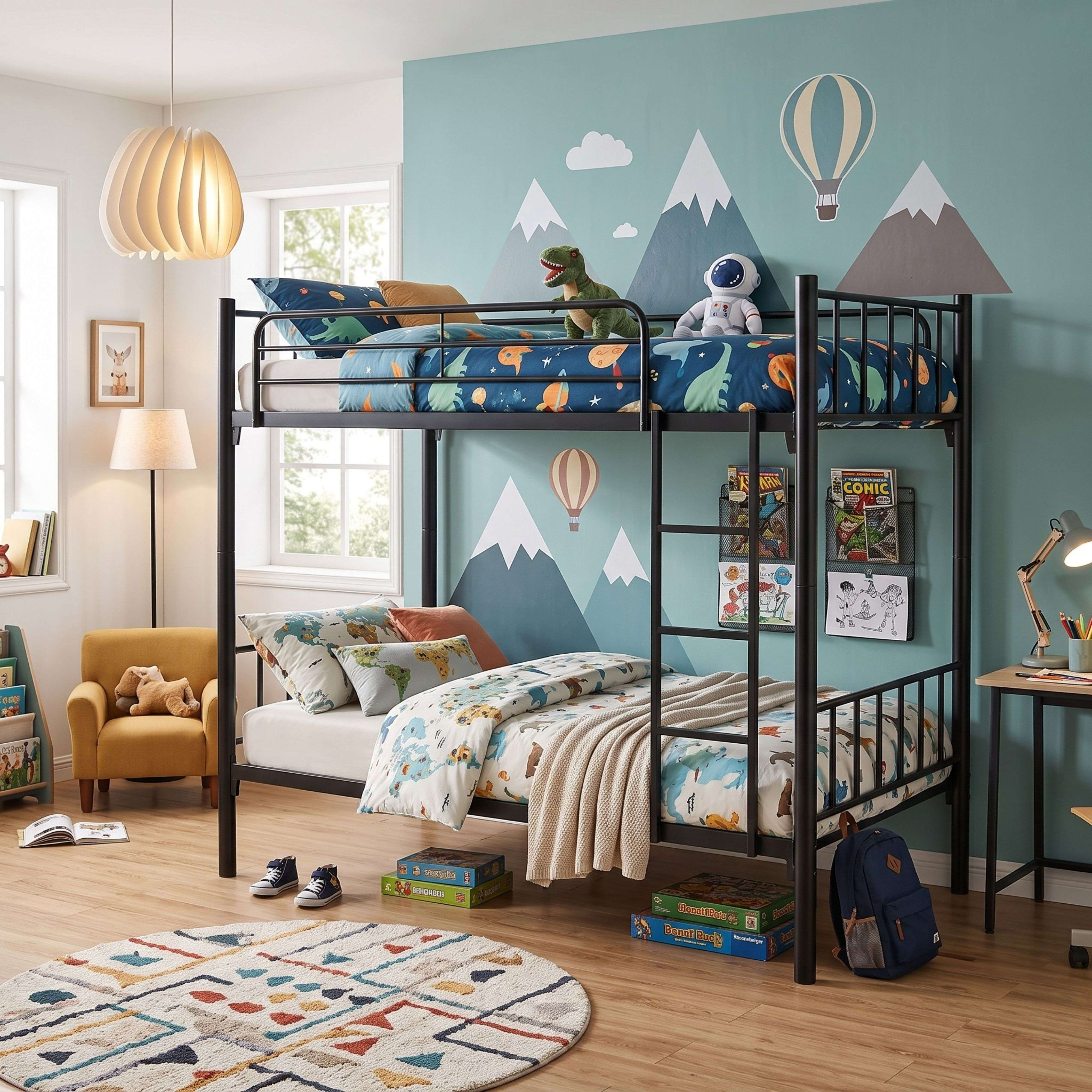 Una habitación infantil con litera negra, paredes azules con pegatinas de montañas y alfombra redonda.