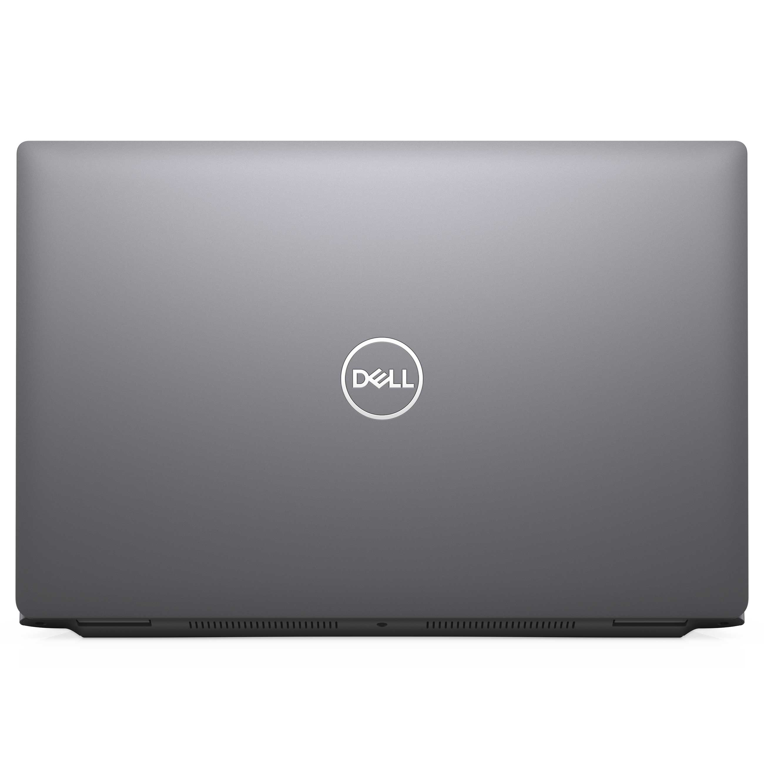 Geschlossener grauer Dell-Laptop mit Firmenlogo in der Mitte der Vorderseite auf neutralem Hintergrund.