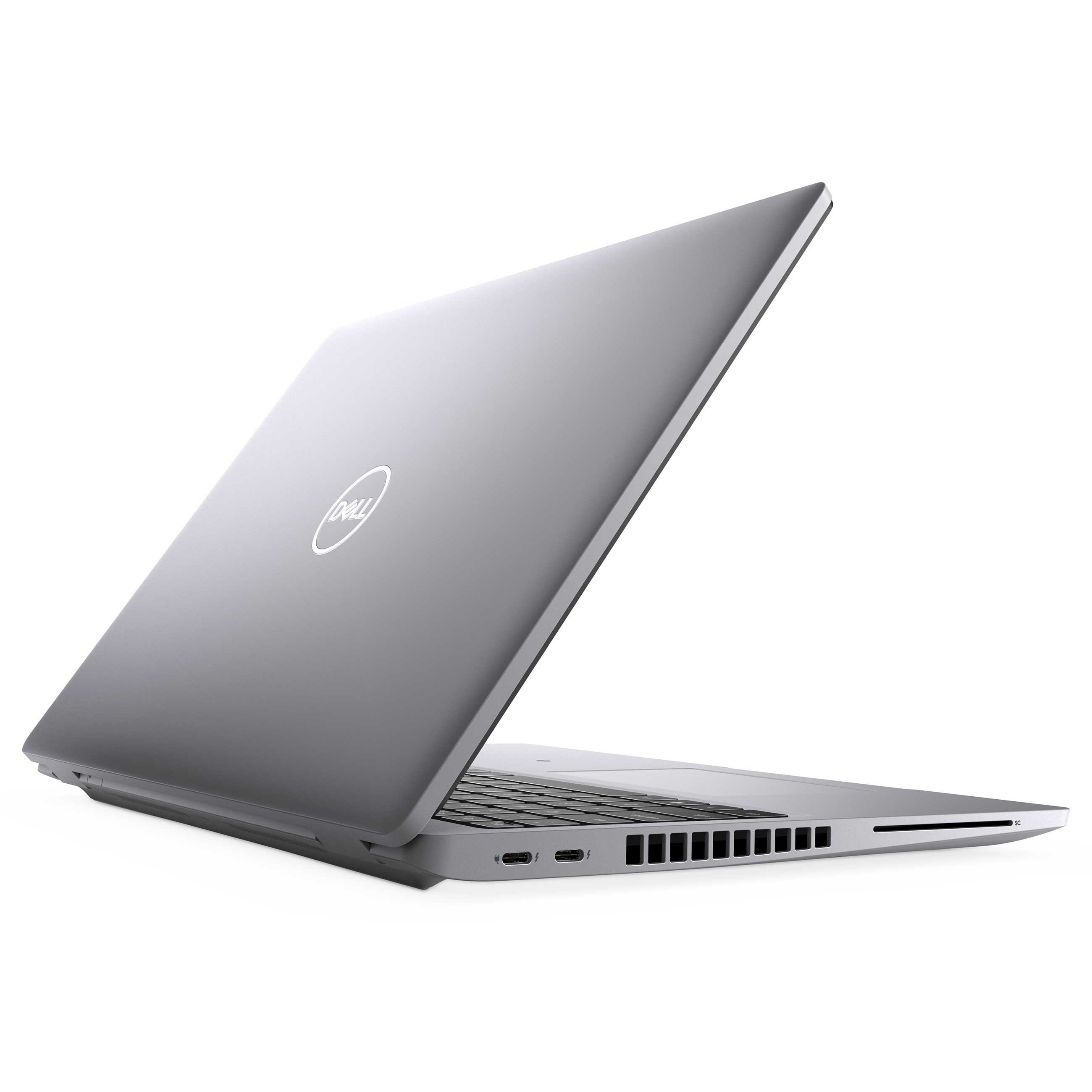 Ein silberner Dell-Laptop von der Seite und hinten mit Anschlüssen, Lüftungsschlitzen und Tastatur auf weißem Grund.