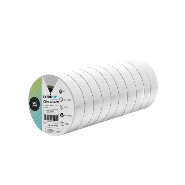 Un rollo de diez cintas aislantes blancas sobre fondo blanco.