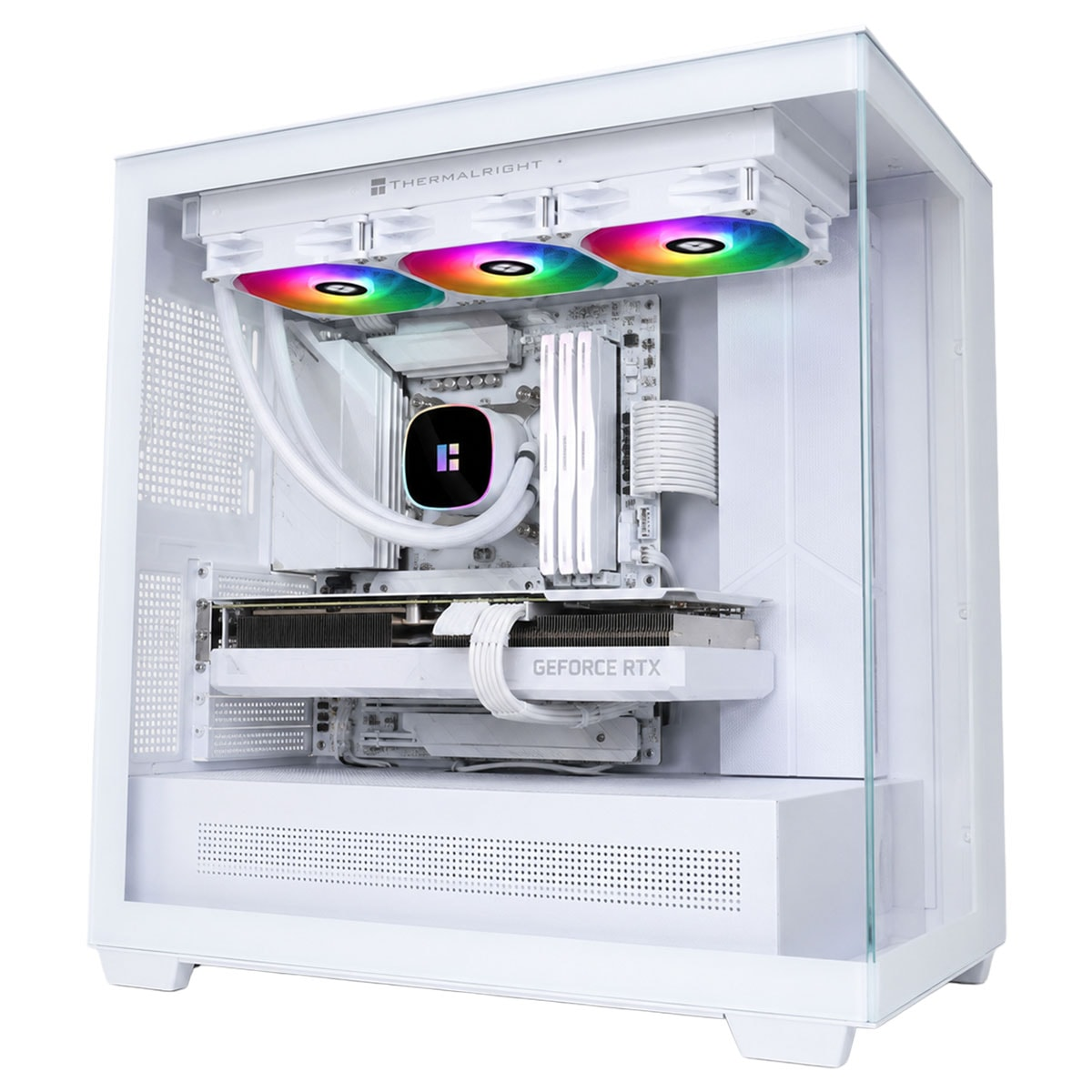 Sıvı soğutmalı, parlayan RGB fanlı, beyaz ekran kartlı ve bileşenli beyaz bir PC kasası.