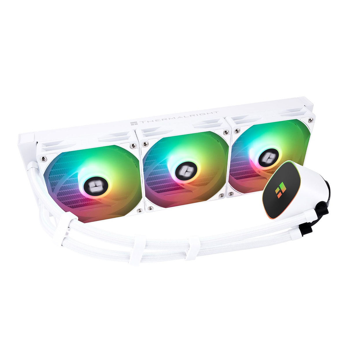 Üç fanlı, RGB aydınlatmalı ve borulu beyaz sıvı CPU soğutucusu.