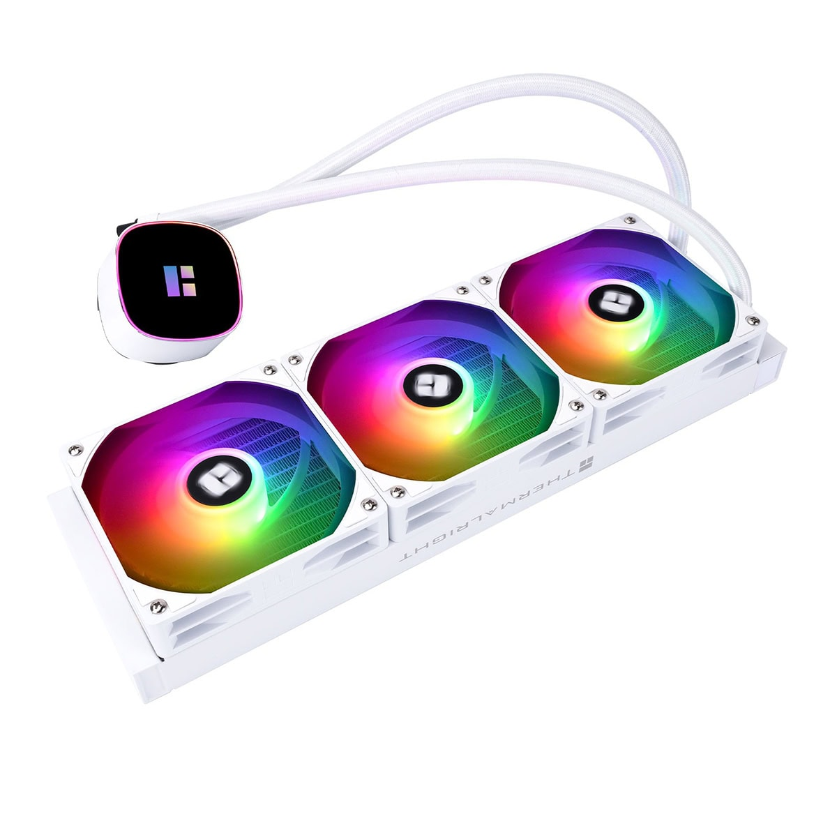 Üç aydınlatmalı RGB fanlı ve hortumlu beyaz işlemci sıvı soğutucusu.