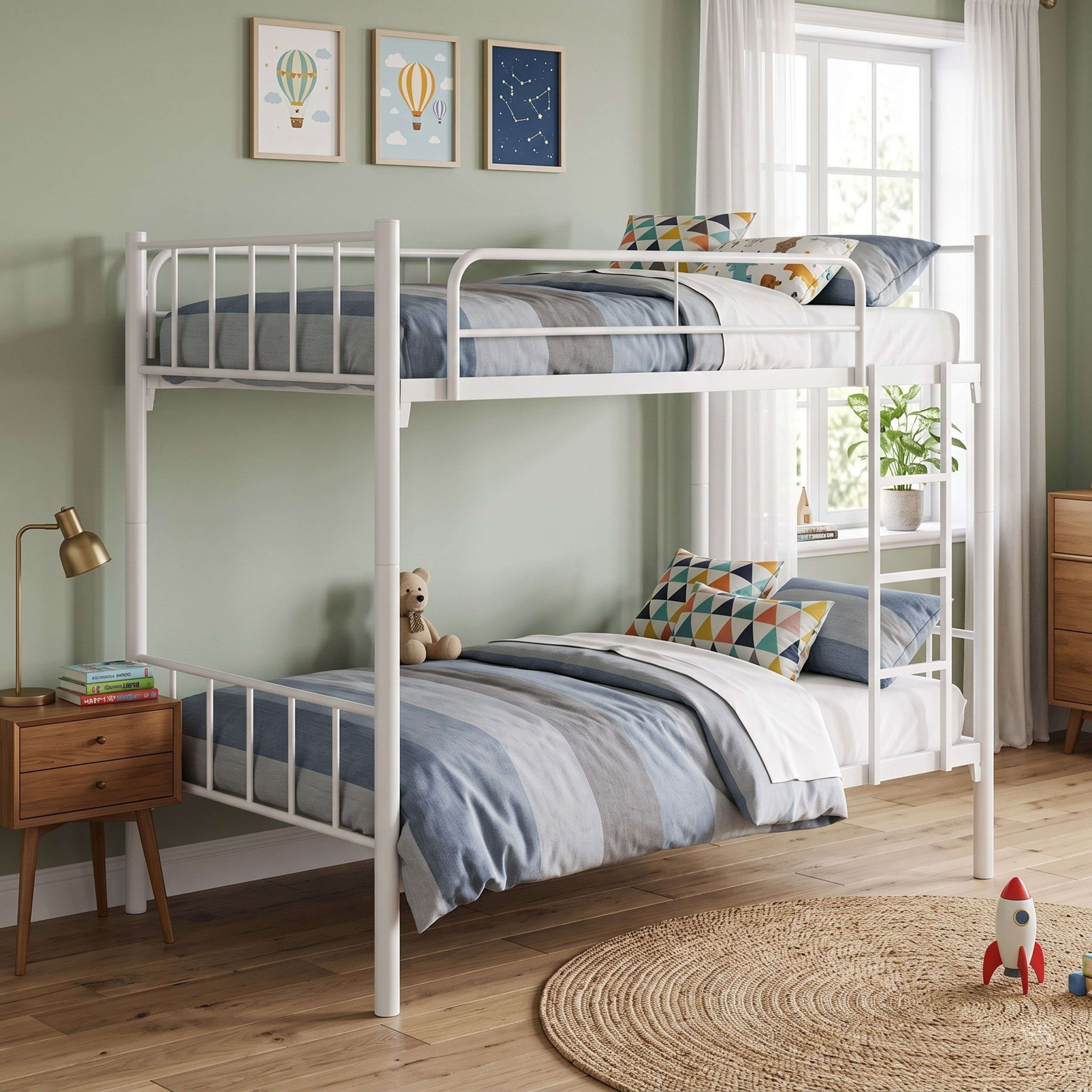 Litera de metal blanco en habitación infantil con ropa de cama a rayas azules, muebles de madera y alfombra redonda.
