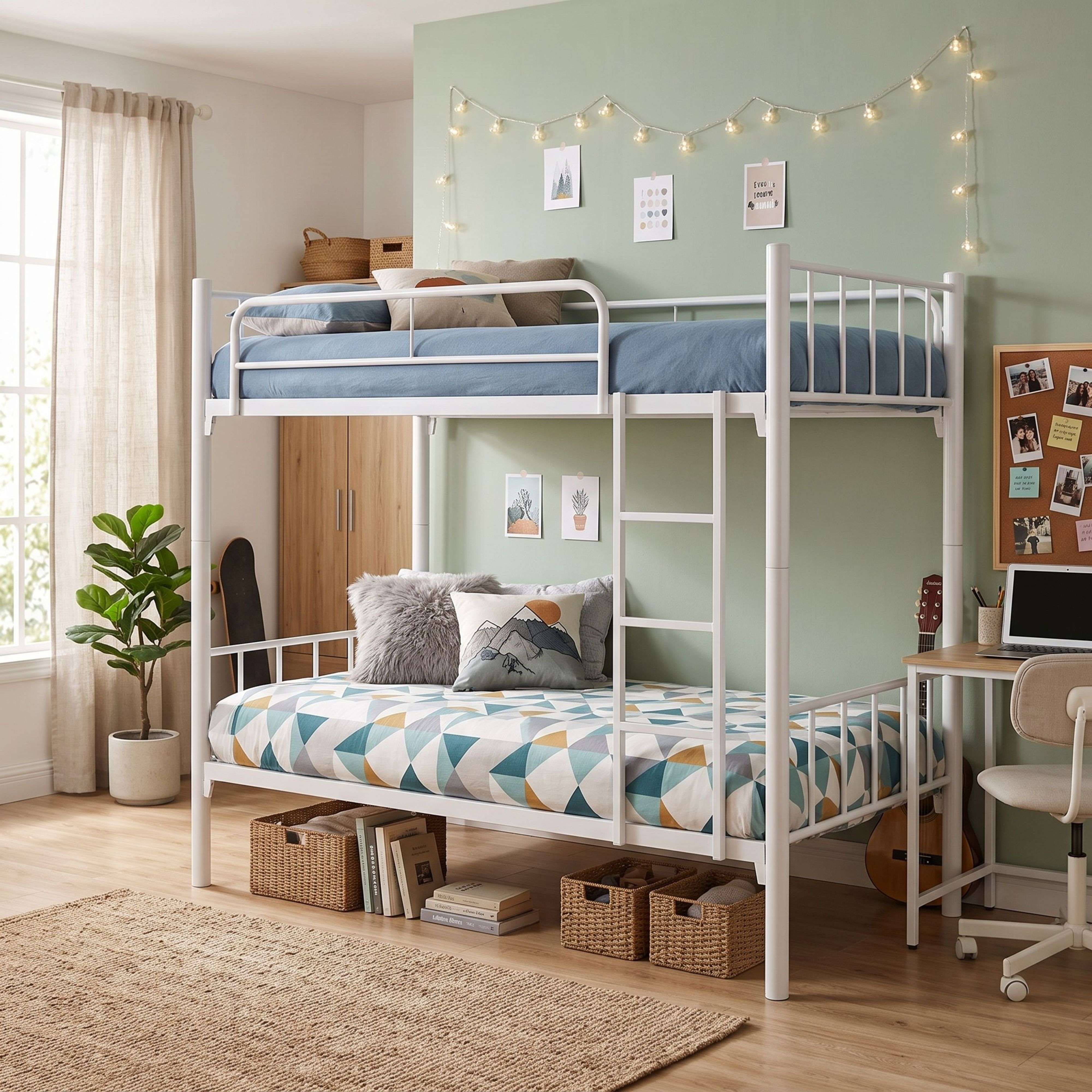 Una litera de metal blanca se encuentra en un dormitorio juvenil con pared verde y muebles de madera.