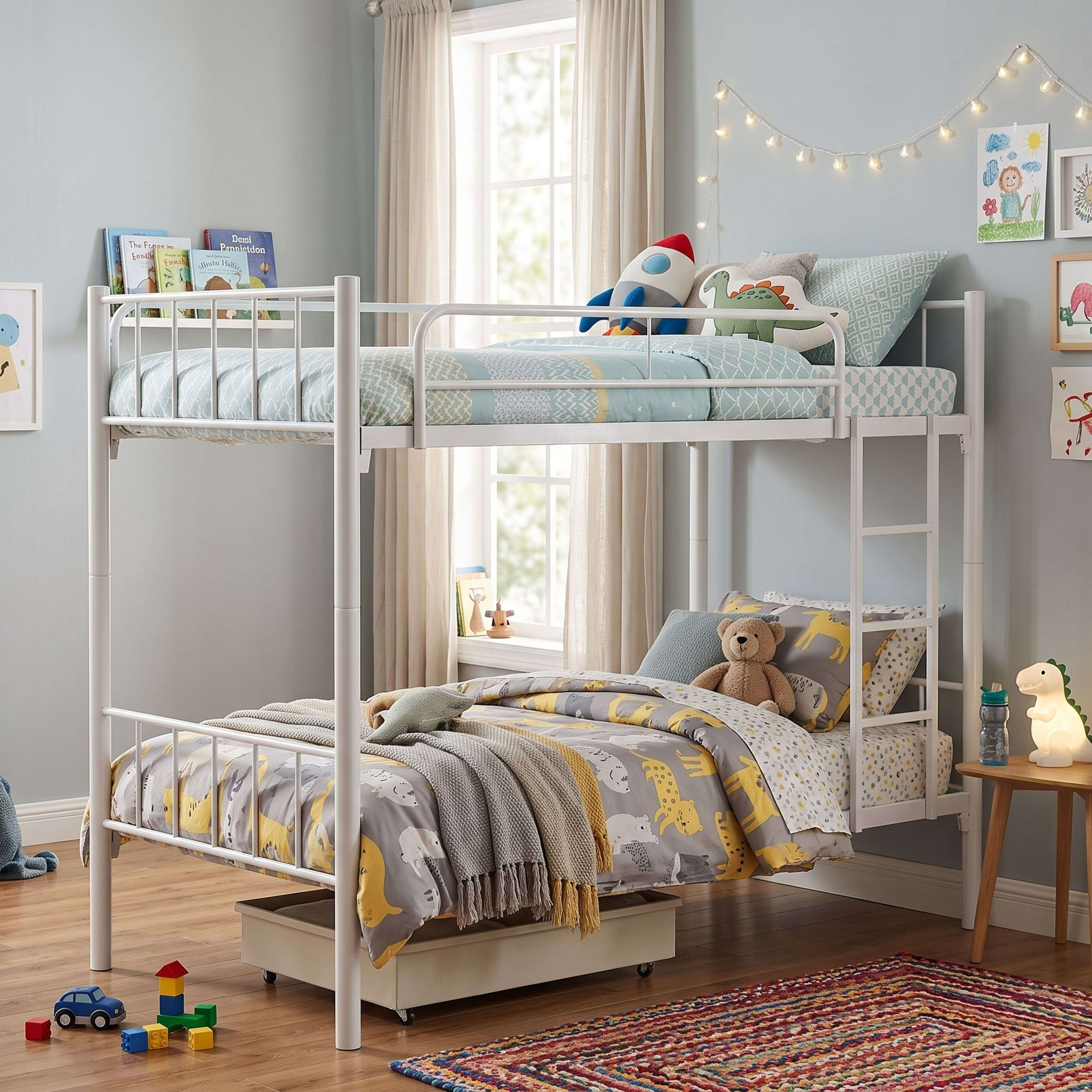 Una litera de metal blanco en una habitación infantil con ropa de cama colorida y juguetes.
