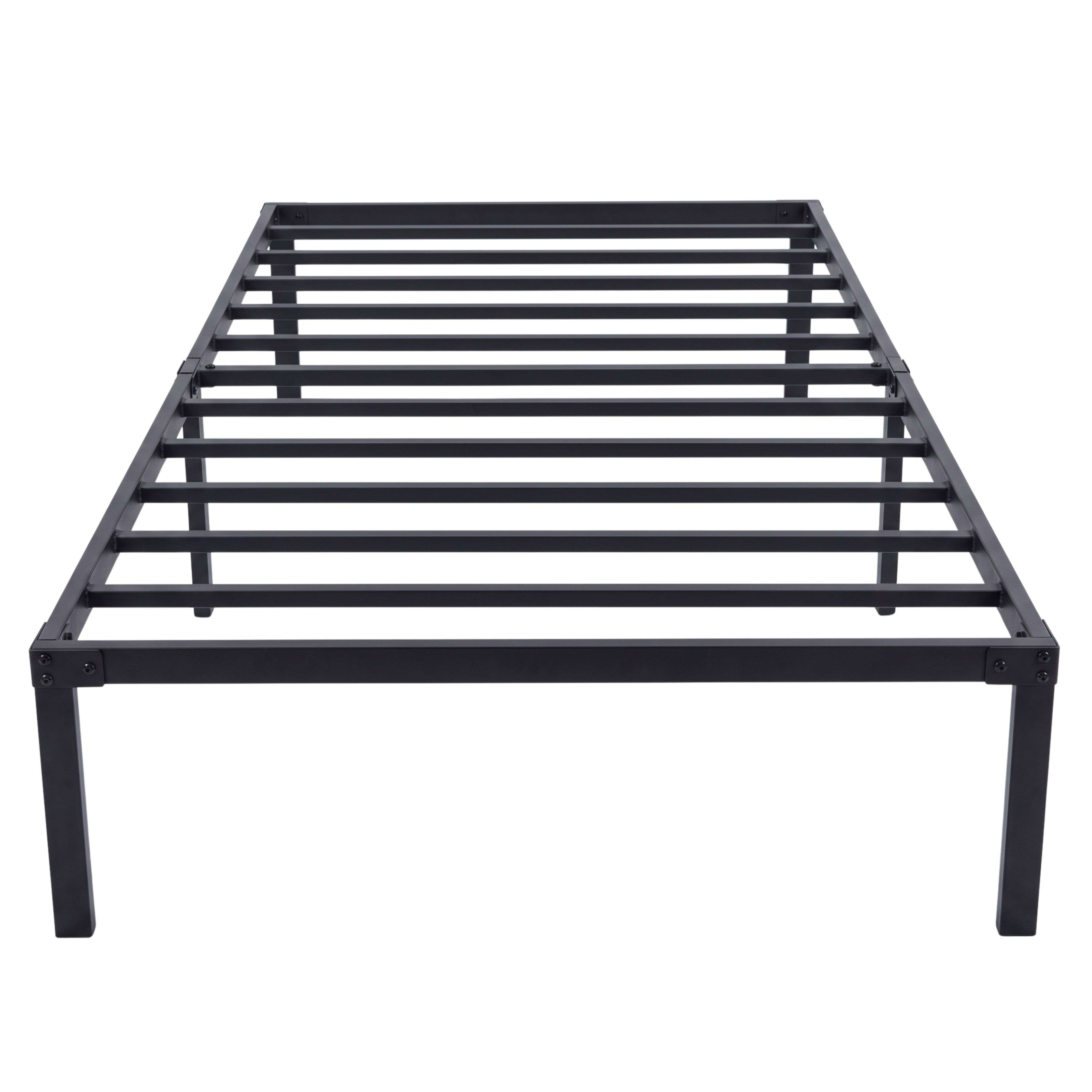 Una estructura de cama de metal negro con listones horizontales sobre fondo blanco.