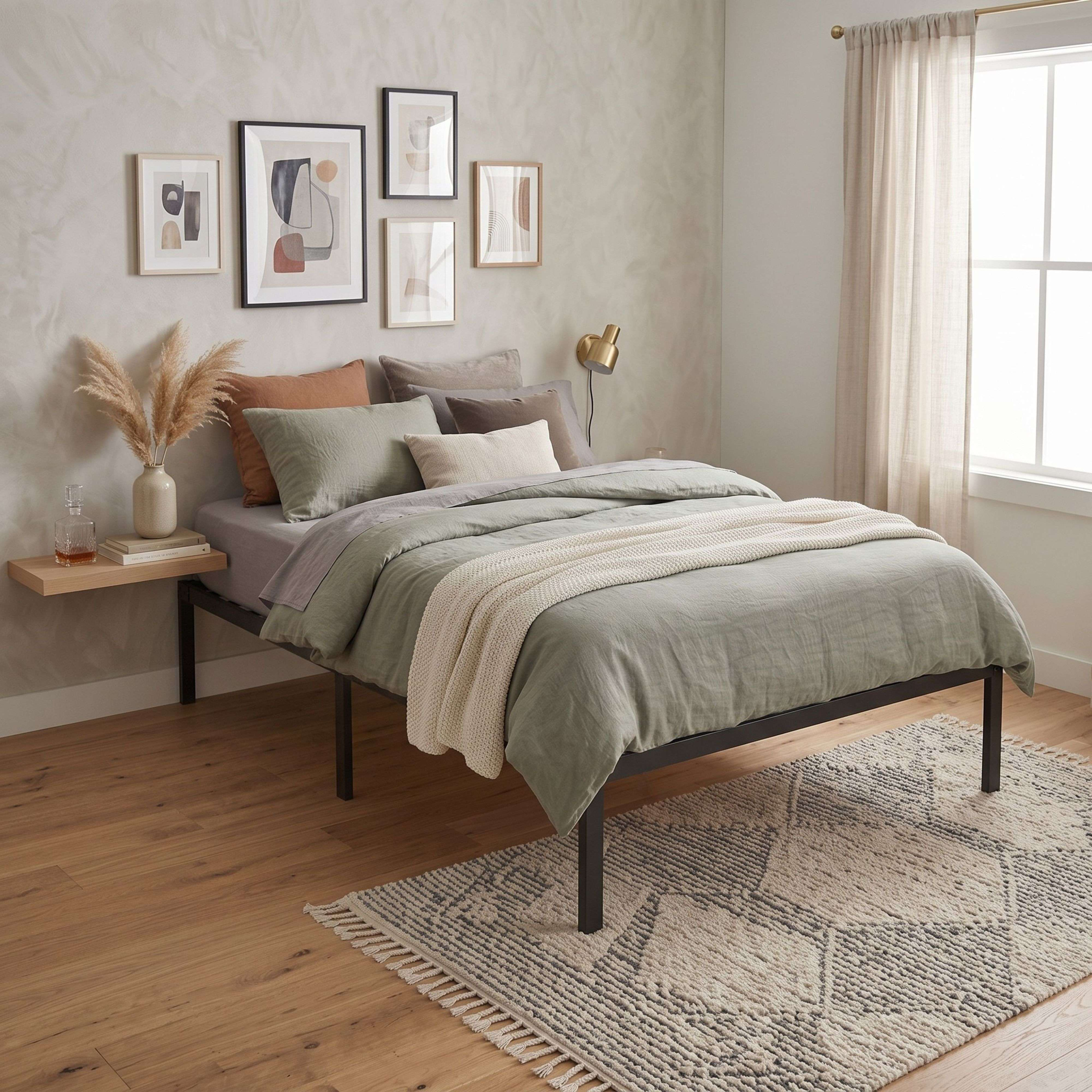Dormitorio acogedor con cama de metal, cojines verdes y naranjas, arte de pared y alfombra con patrones.