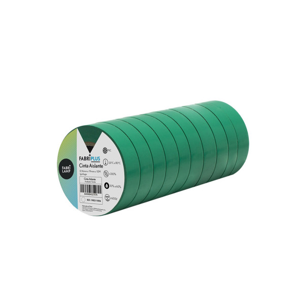 Una pila de diez rollos de cinta aislante verde sobre fondo blanco.