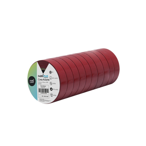 Un rollo de diez rollos de cinta aislante roja sobre fondo blanco.