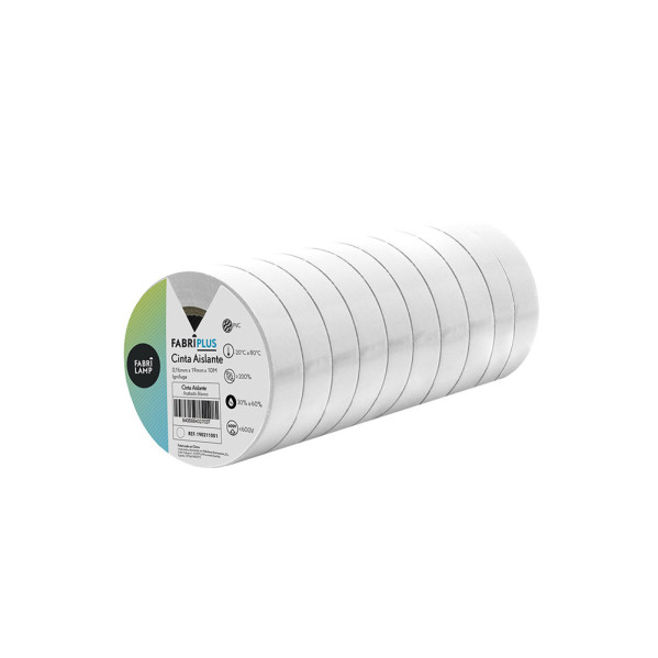 Un paquete de diez rollos de cinta aislante de PVC blanca sobre fondo blanco.