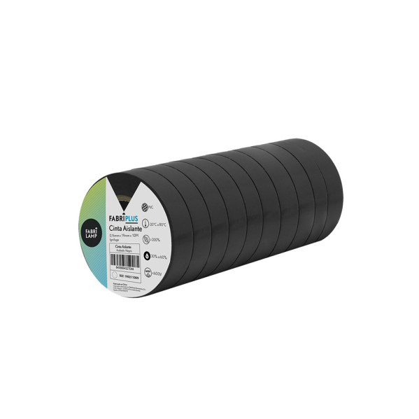 Un rollo cilíndrico de cinta aislante negra con una etiqueta de marca en el frente sobre un fondo blanco.