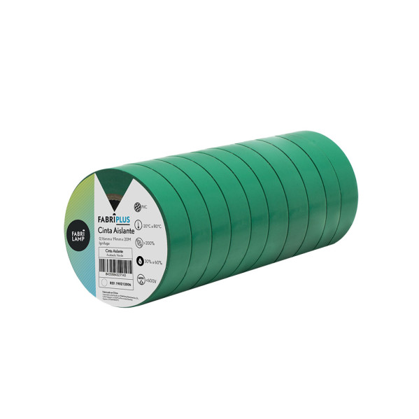 Un rollo de cinta aislante verde Fabrilamp sobre fondo blanco.