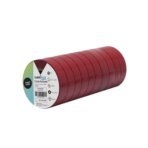 Una pila de diez rollos de cinta aislante roja sobre fondo blanco.