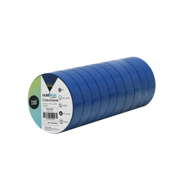 Un rollo cilíndrico de cinta aislante azul con una etiqueta Fabrilamp.