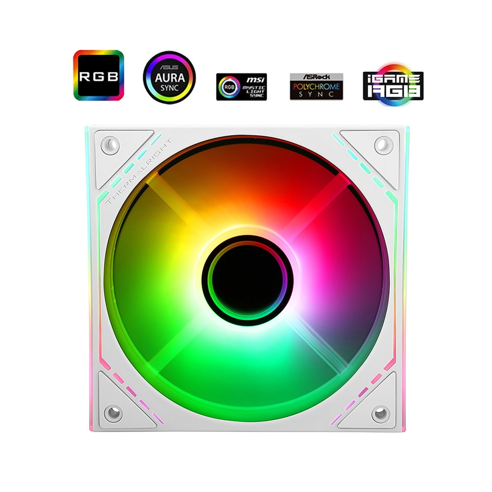 Çok renkli aydınlatmalı ve yazılım logolu beyaz bir RGB bilgisayar fanı.