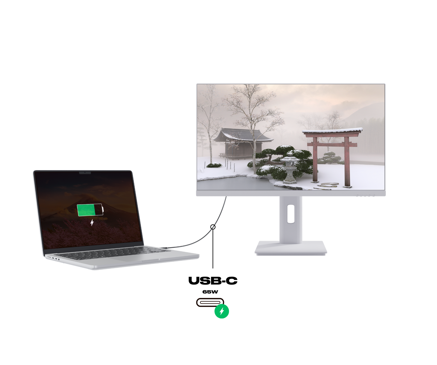 Un portátil está conectado a un monitor blanco que muestra un jardín japonés nevado, sobre fondo negro.