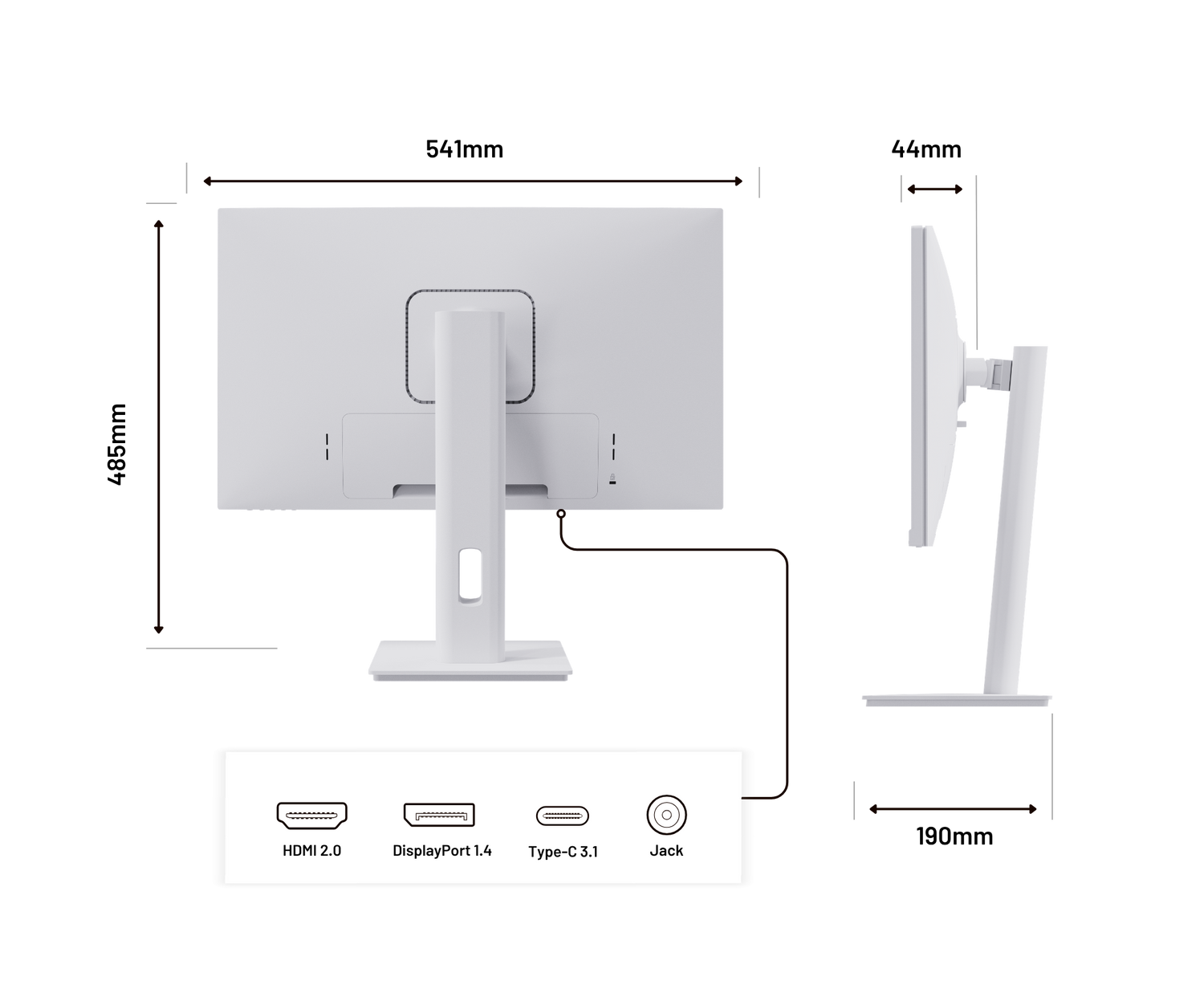 Diagrama de un monitor blanco con dimensiones y puertos como HDMI, DisplayPort, Type-C y Jack.
