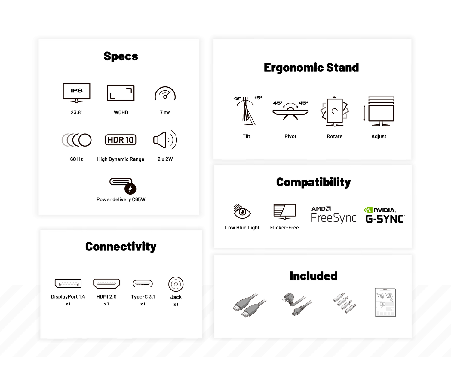 Especificaciones técnicas de un monitor, incluyendo tamaño de pantalla, resolución, puertos, soporte y accesorios.