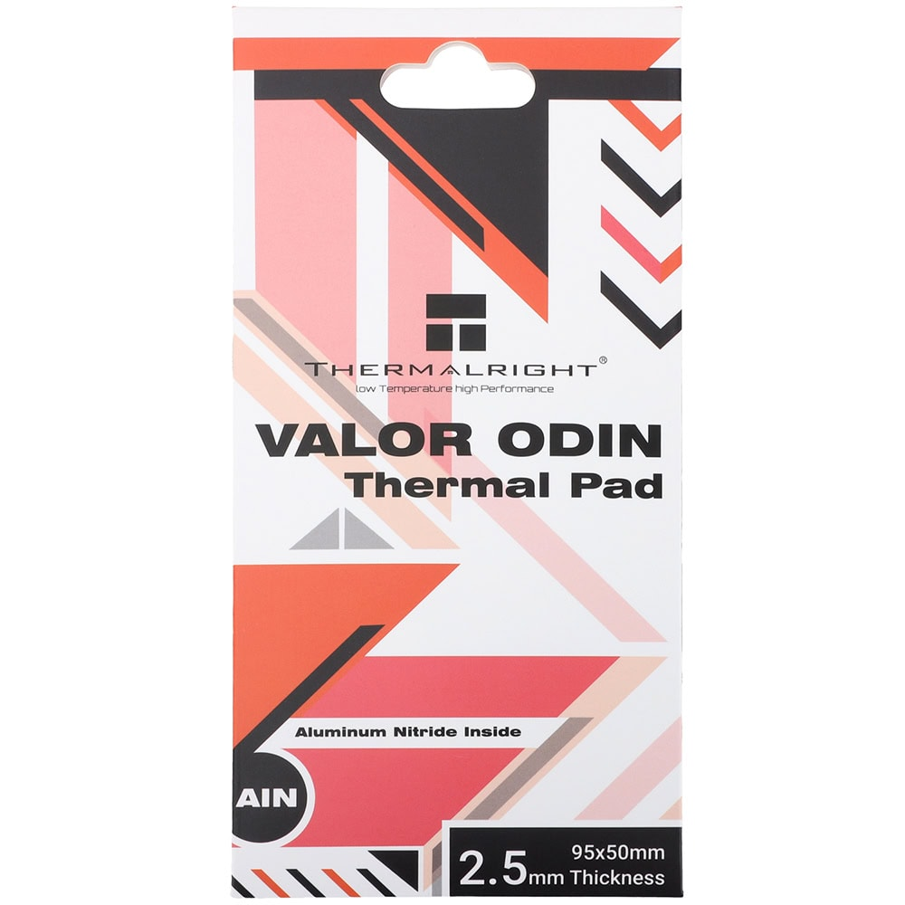Beyaz, siyah ve kırmızı renklerde teknik detaylara sahip Thermalright Valor Odin Termal Ped ambalajı.
