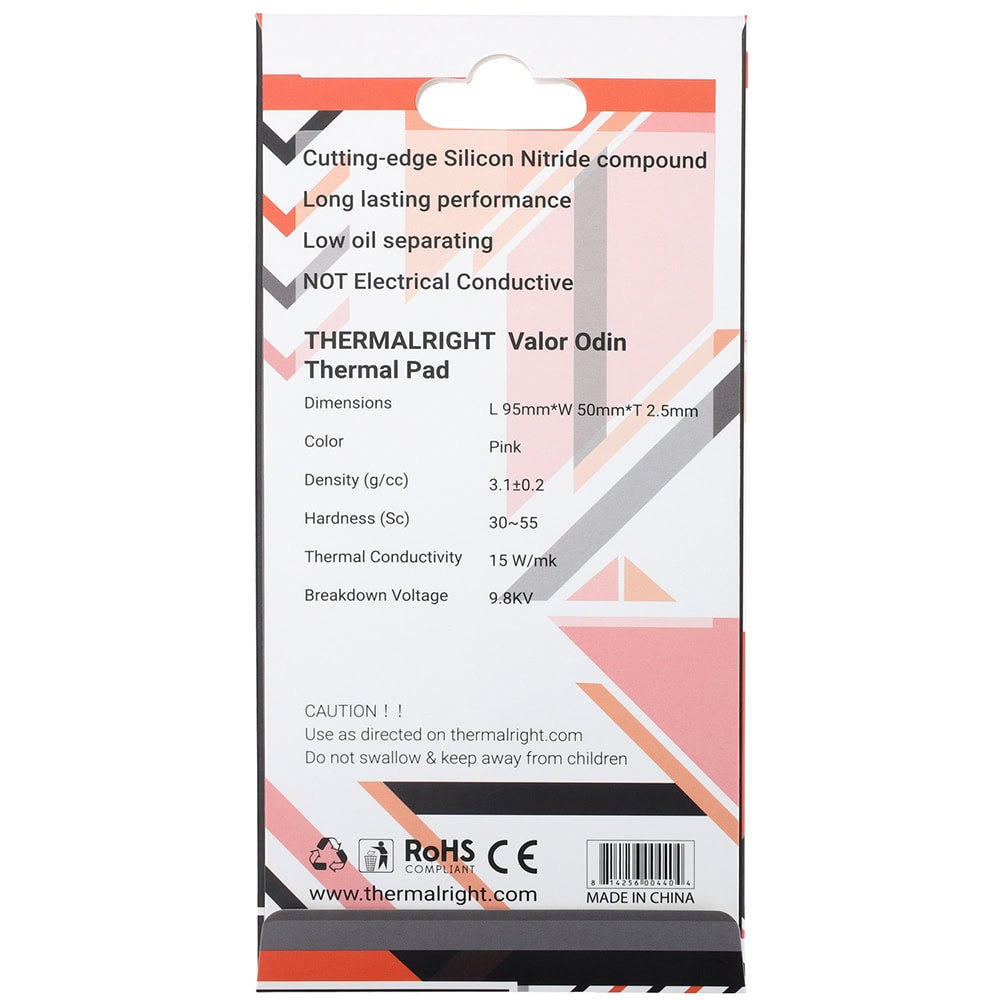 Thermalright Valor Odin Termal Ped ambalajının arkası, teknik özellikler ve pembe-gri geometrik tasarımla.