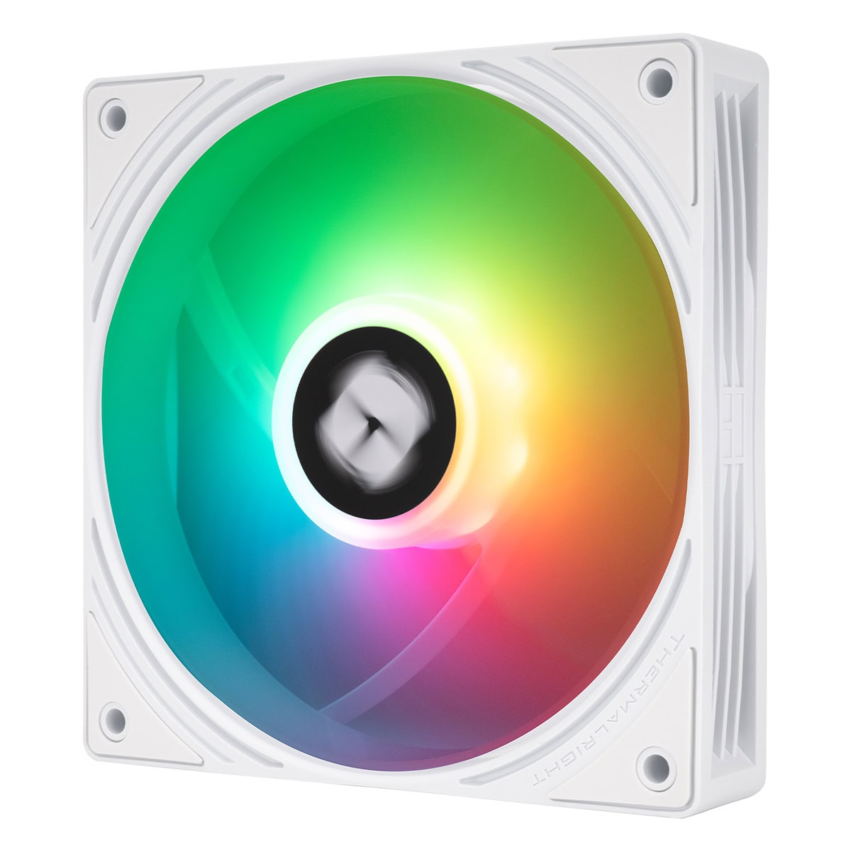 Dairesel kanatları üzerinde canlı, çok renkli RGB aydınlatmaya sahip kare şeklinde beyaz bir bilgisayar fanı.