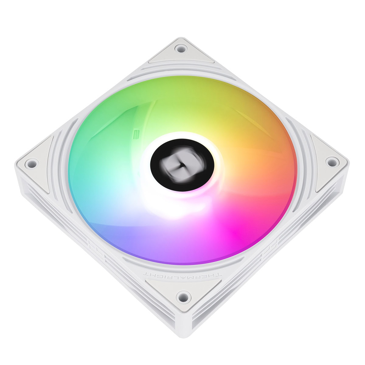Kanatlarında renkli RGB aydınlatma ve siyah bir merkez bulunan kare şeklinde beyaz bir bilgisayar kasa fanı.