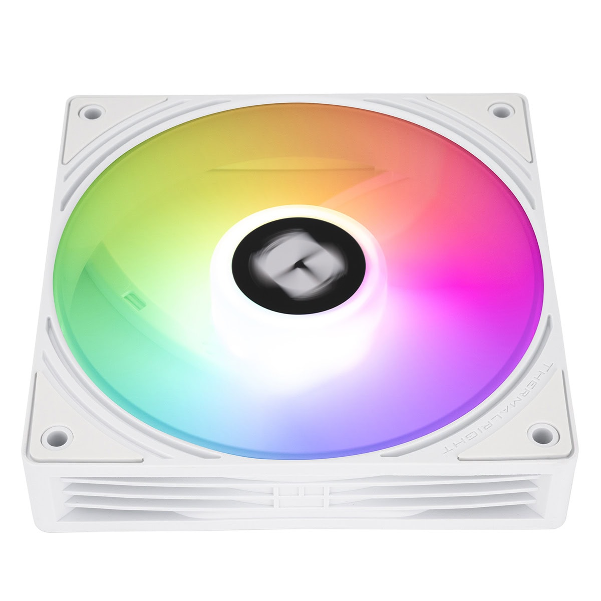 Kanatlarında canlı RGB aydınlatma ve merkezi siyah bir kapak bulunan beyaz bir bilgisayar soğutma fanı.