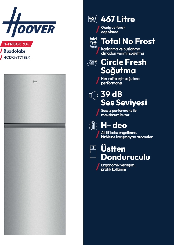 Mavi arka planda özellikleriyle Hoover H-FRIDGE 300 paslanmaz çelik buzdolabı.