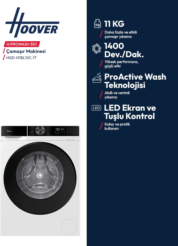 11 kg kapasiteli, 1400 devirli ve LED ekranlı Hoover H/PROWASH 350 çamaşır makinesi.