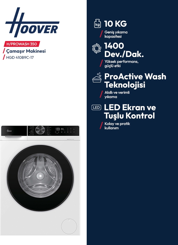 10 kg kapasite ve 1400 devir gibi temel özellikleri listeleyen beyaz Hoover çamaşır makinesi.