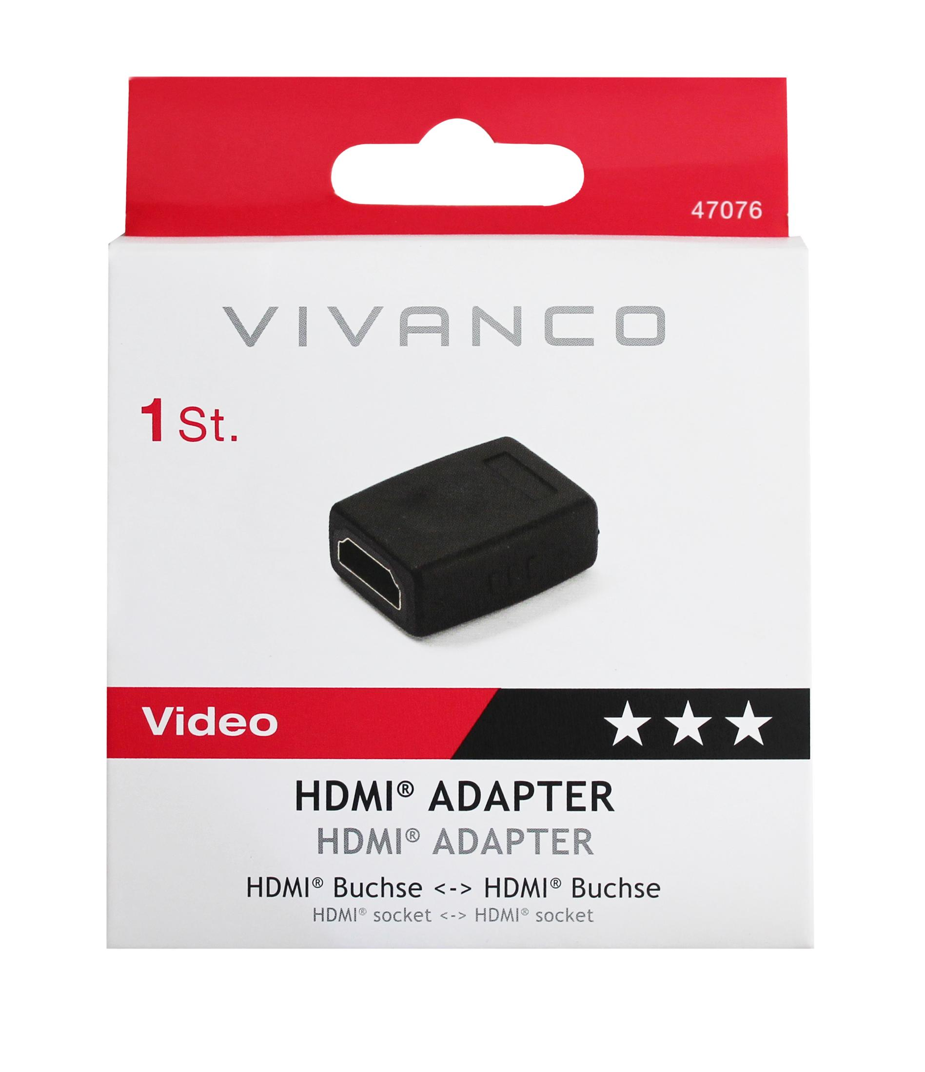 Embalaje de adaptador HDMI Vivanco en blanco y rojo con imagen y texto.