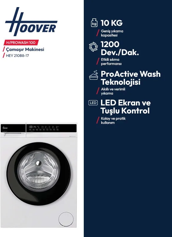 Koyu mavi arka planda 10 kg kapasiteli ve 1200 devir Hoover çamaşır makinesi.