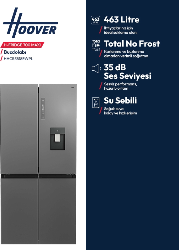 Su pınarlı ve koyu arka planda özellik simgeleri olan gri Hoover dört kapılı buzdolabı.