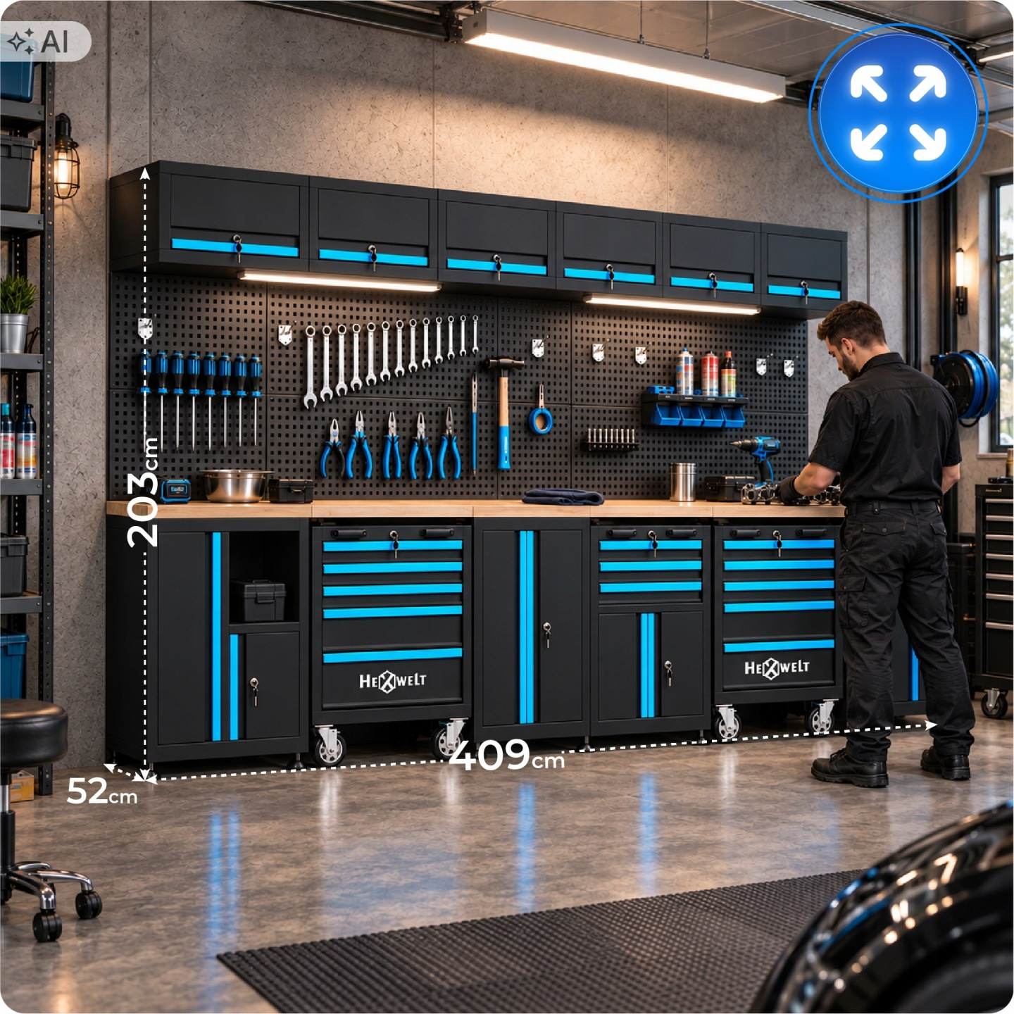 Ein Mann in Schwarz arbeitet an einer modularer schwarzer Werkbank mit blauen Akzenten und Wandschränken.
