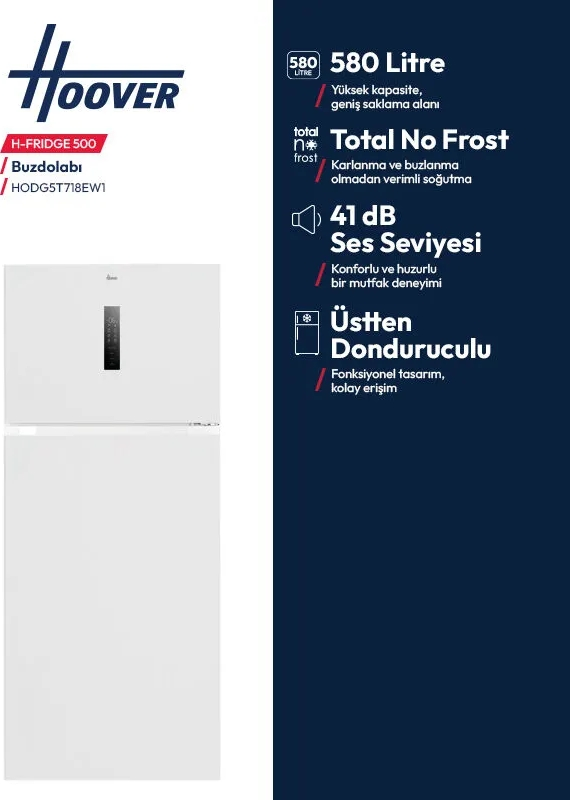 Mavi arka plan üzerinde özellikleriyle beyaz Hoover H-FRIDGE 500 üstten donduruculu buzdolabı.