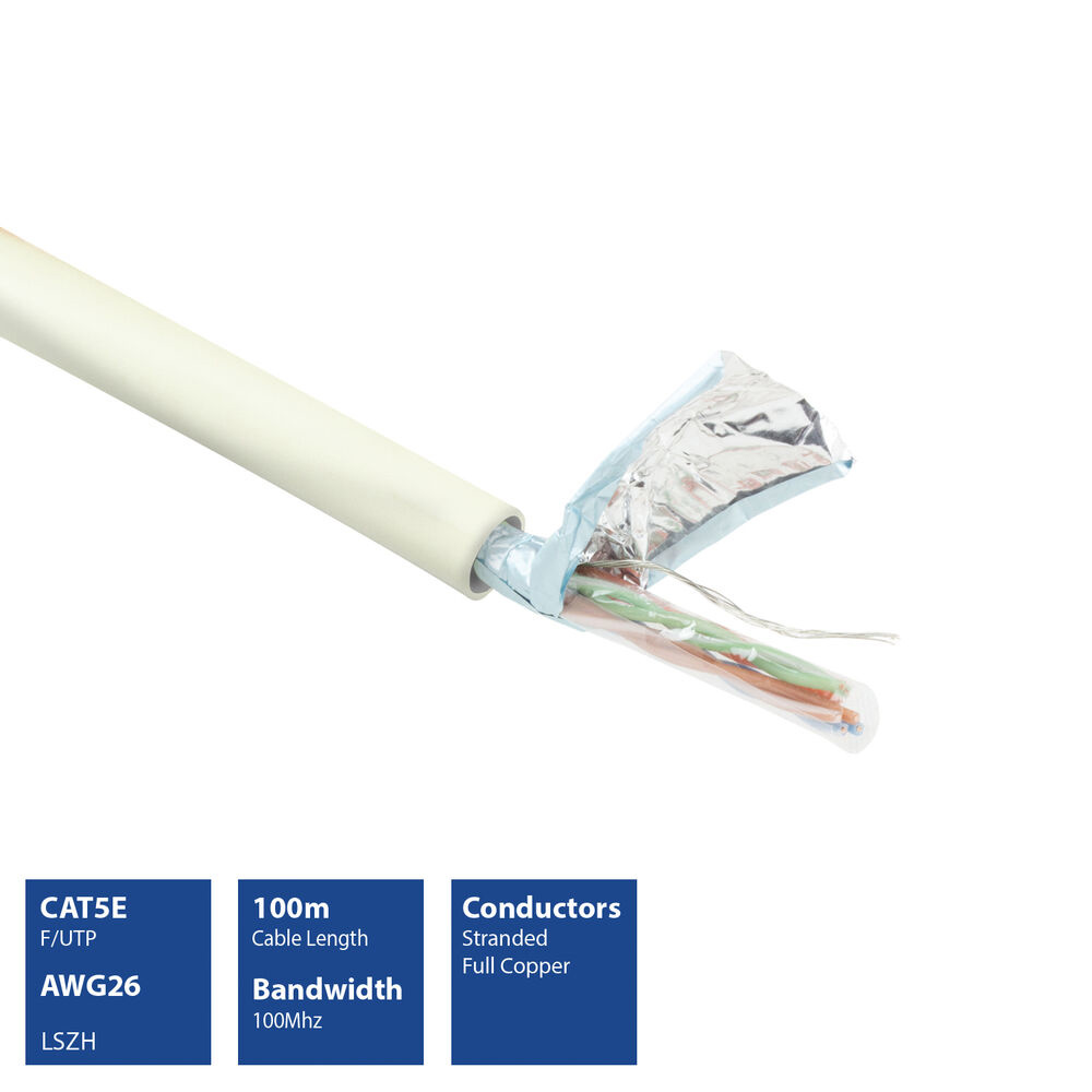 Un cavo CAT5E F/UTP tagliato mostra la schermatura interna e le coppie intrecciate su fondo bianco.