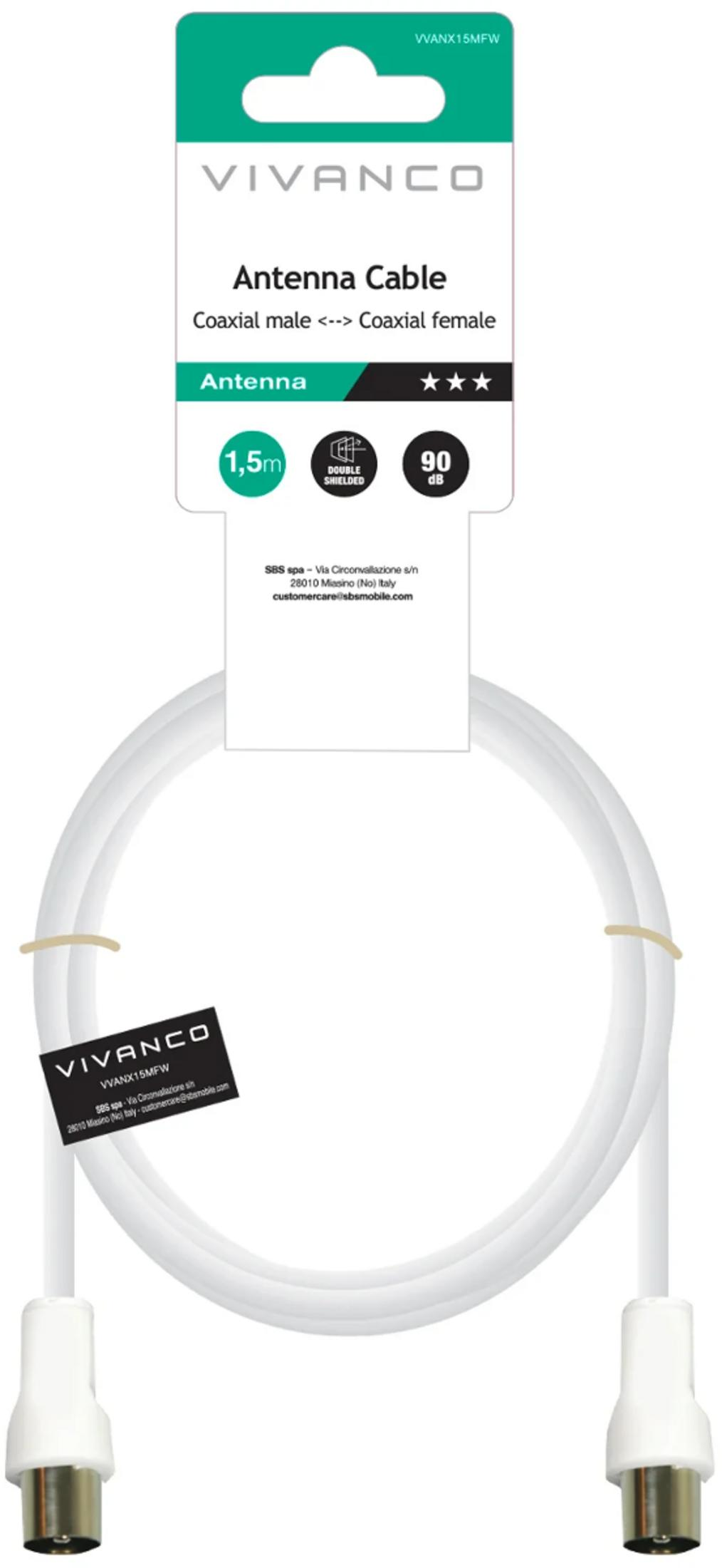 Cavo d'antenna Vivanco bianco con connettori coassiali maschio e femmina nella confezione.