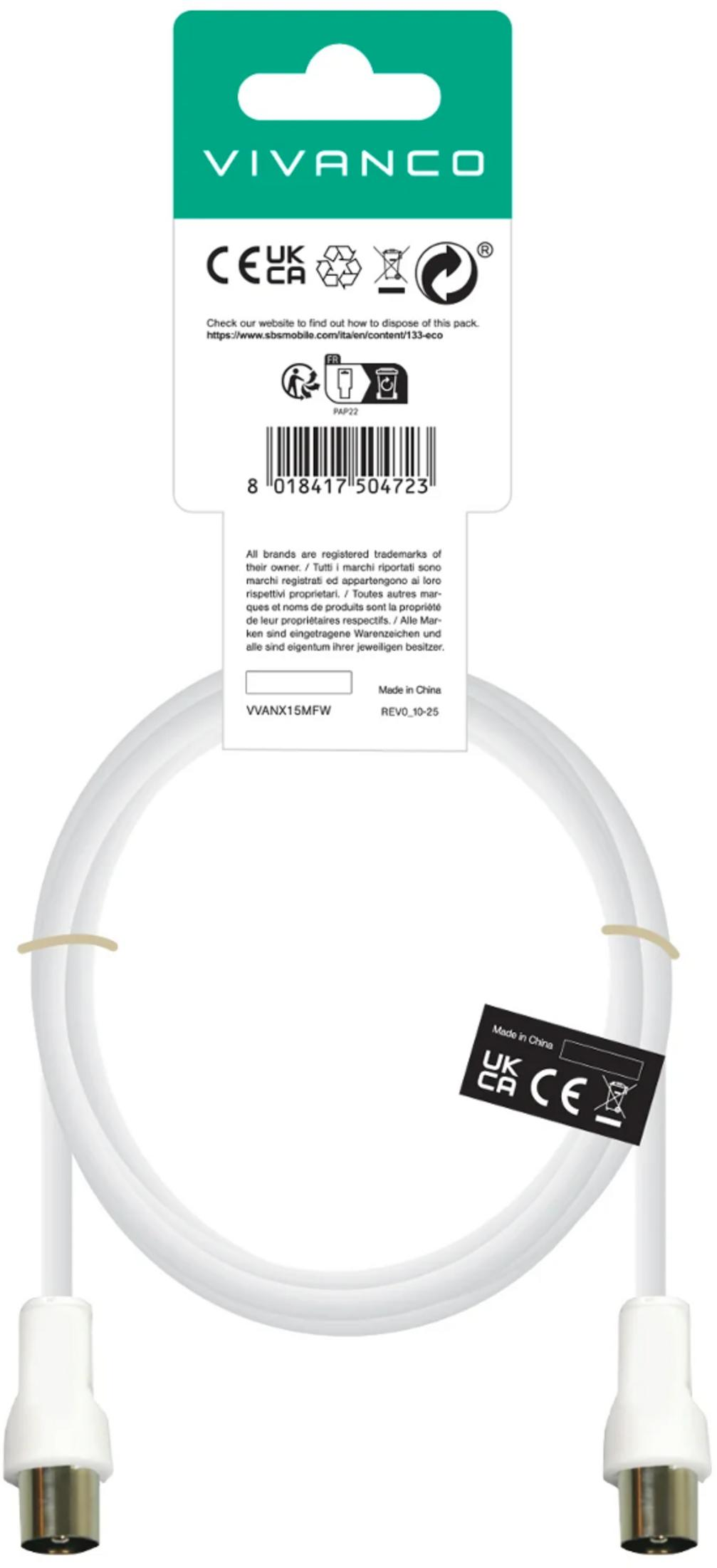 Un cavo d'antenna bianco con confezione e connettori su entrambe le estremità.