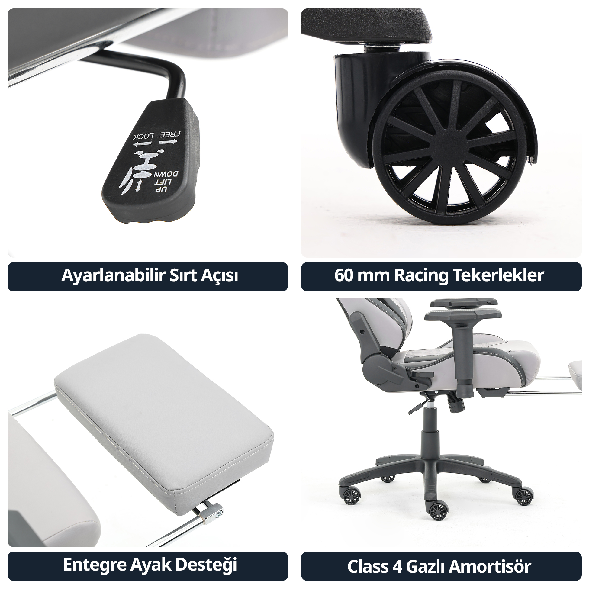 Dört görsel ergonomik bir sandalyenin detaylarını gösteriyor: ayar kolu, 60mm tekerlek, ayaklık ve yan görünüm.