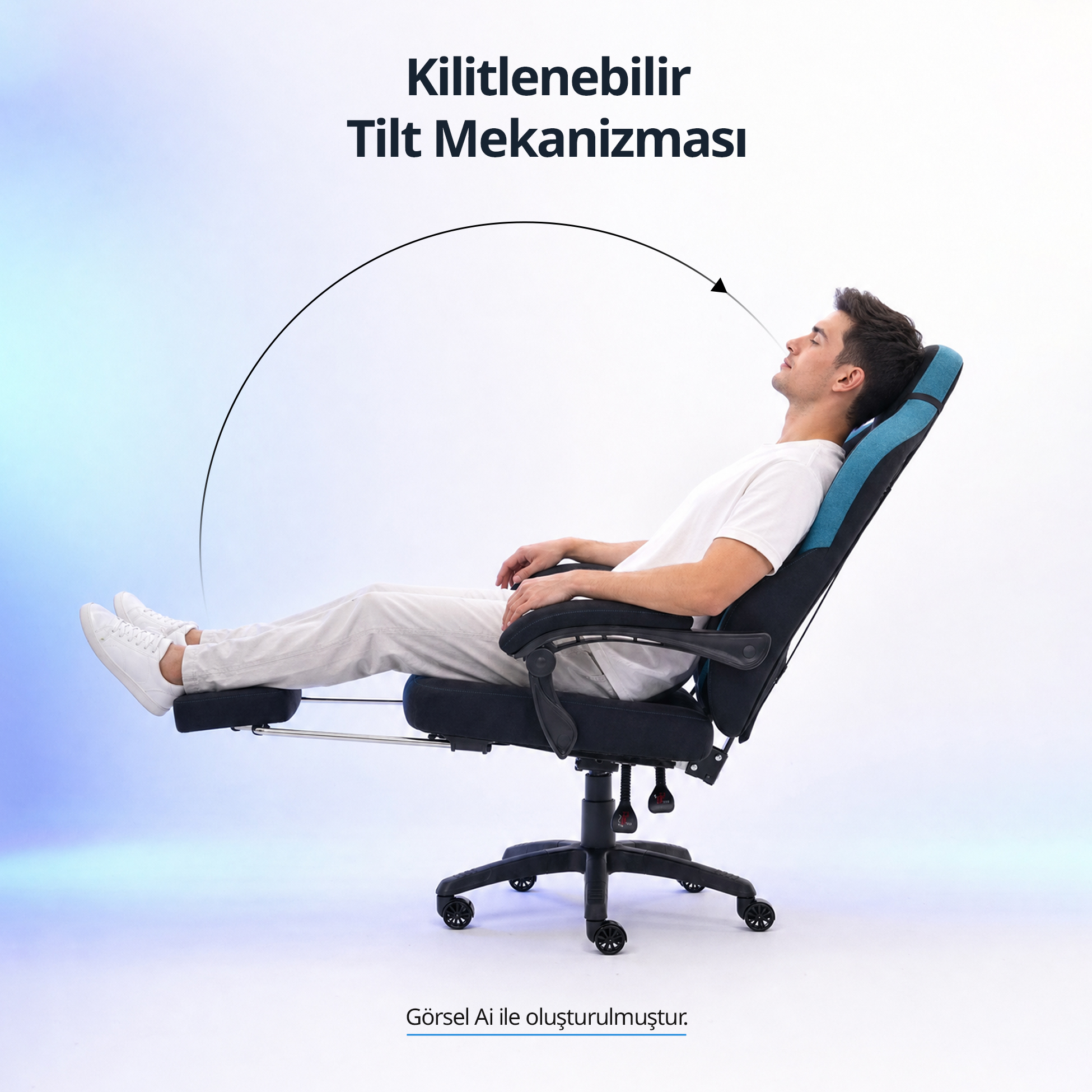 Kilitlenebilir tilt mekanizması gösterilen mavi-siyah ofis koltuğunda dinlenen bir adam.