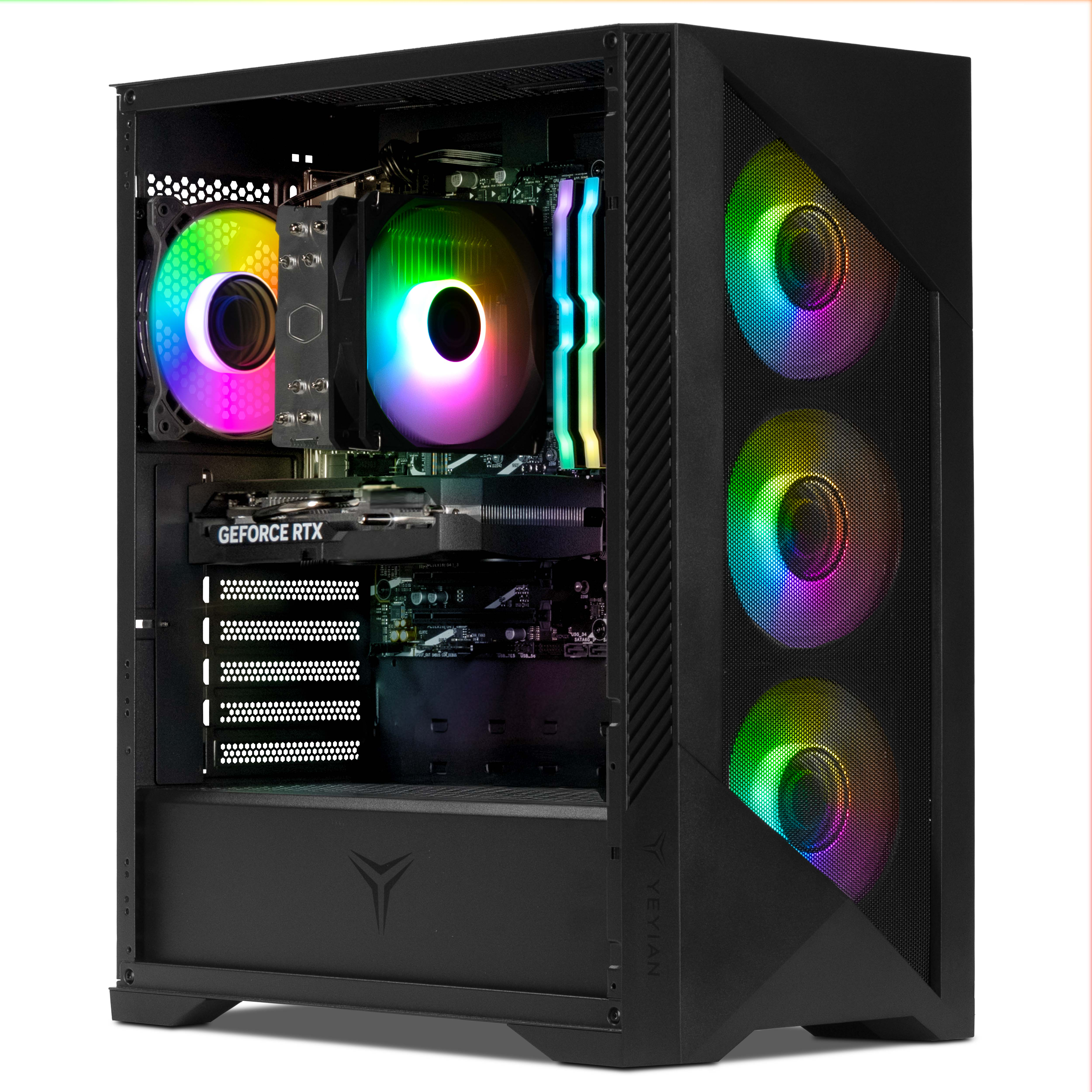 Una torre de PC negra con lateral de cristal muestra ventiladores RGB coloridos y componentes internos.