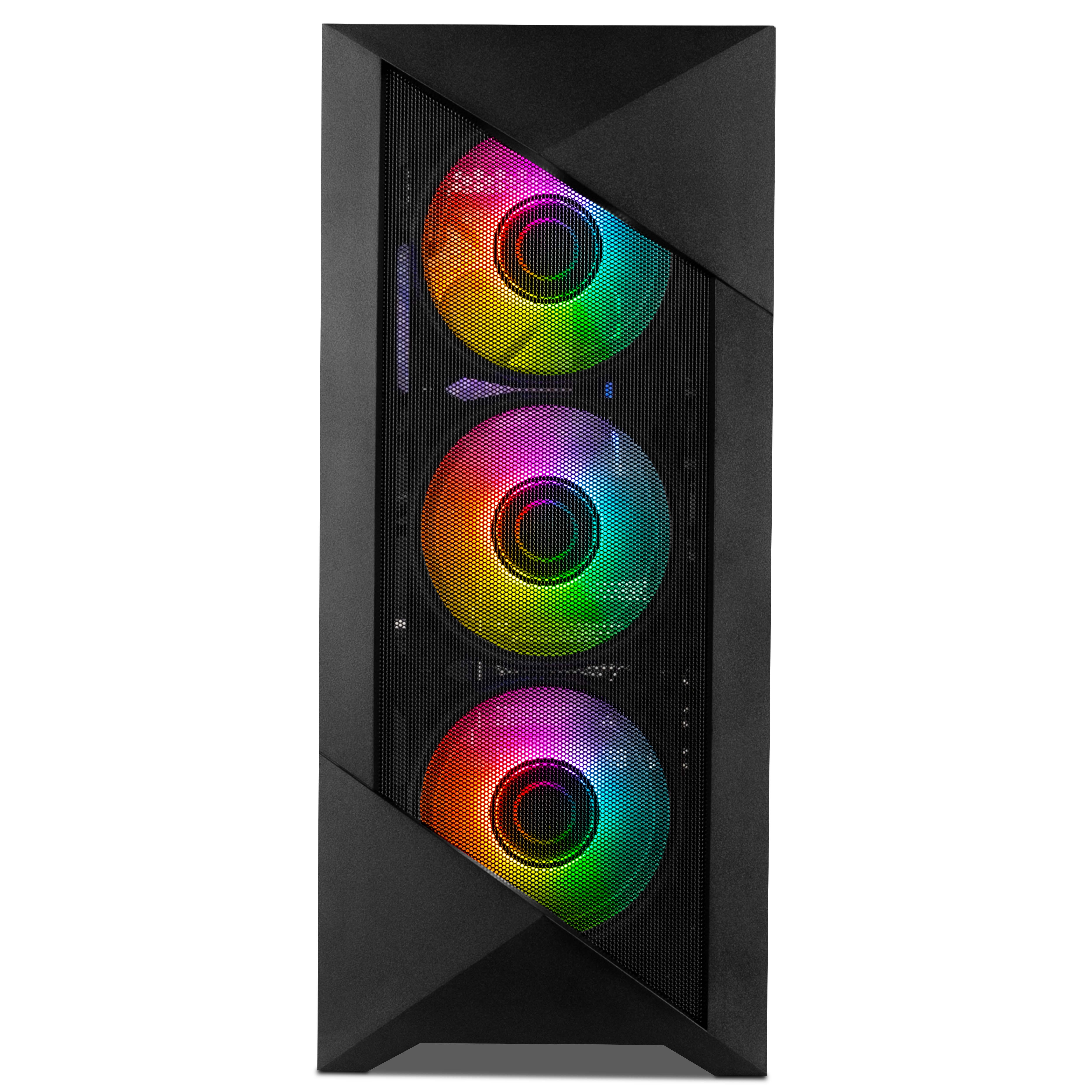 Gabinete de PC negro con frente de malla y tres ventiladores RGB coloridos.