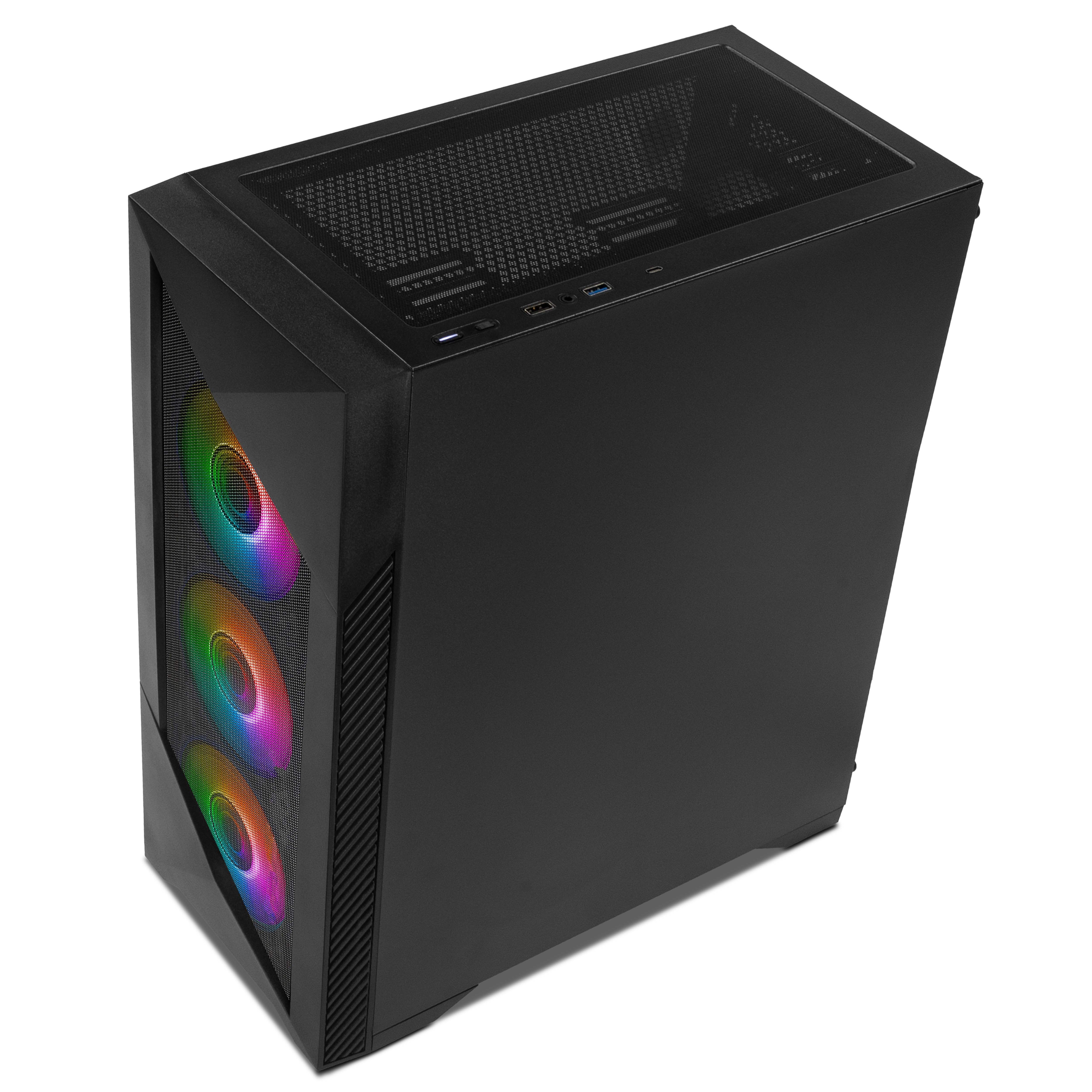 Una torre de PC negra con tres ventiladores RGB iluminados en el frente y rejilla superior en fondo blanco.