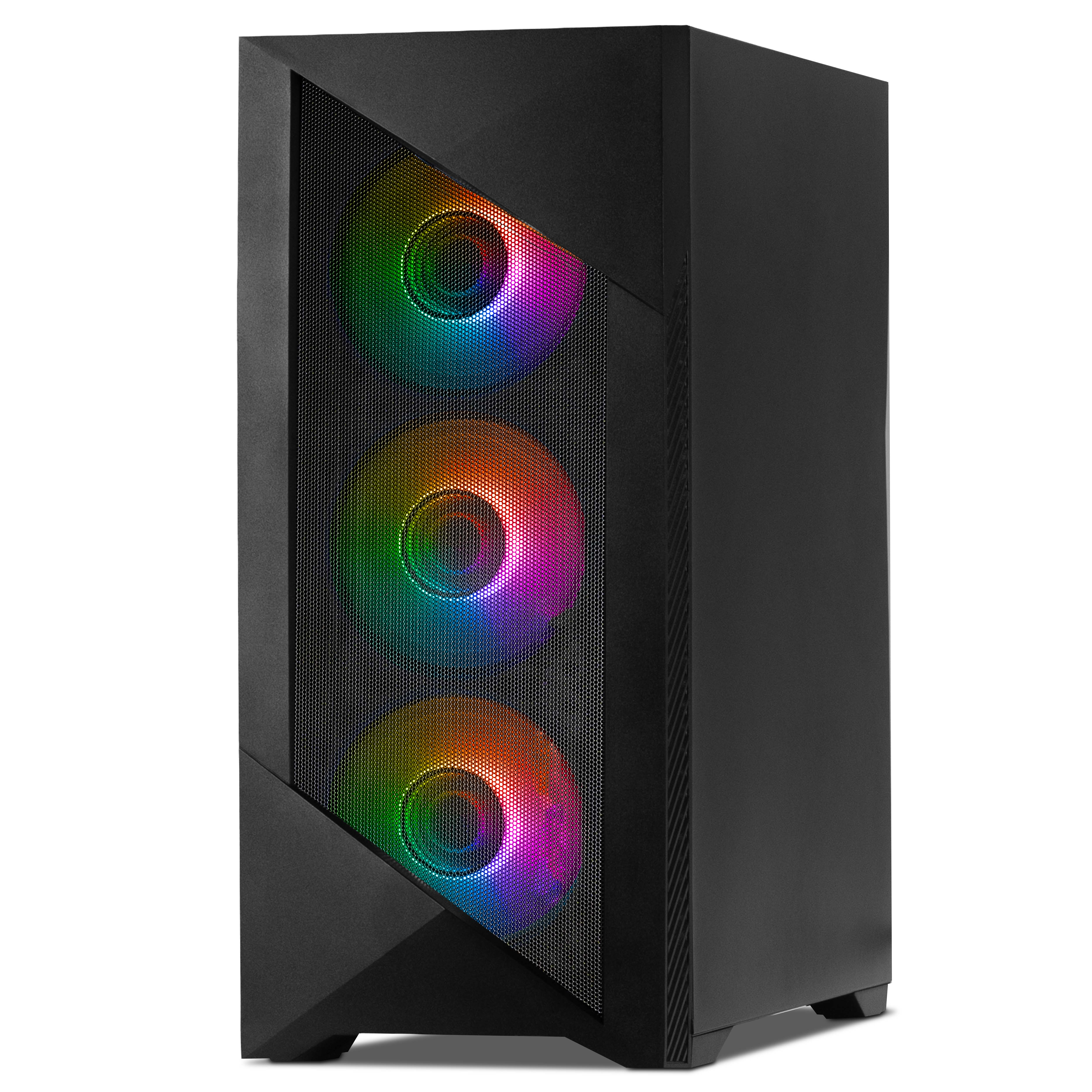 Carcasa de PC negra con panel frontal de malla y tres ventiladores RGB coloridos sobre fondo blanco.