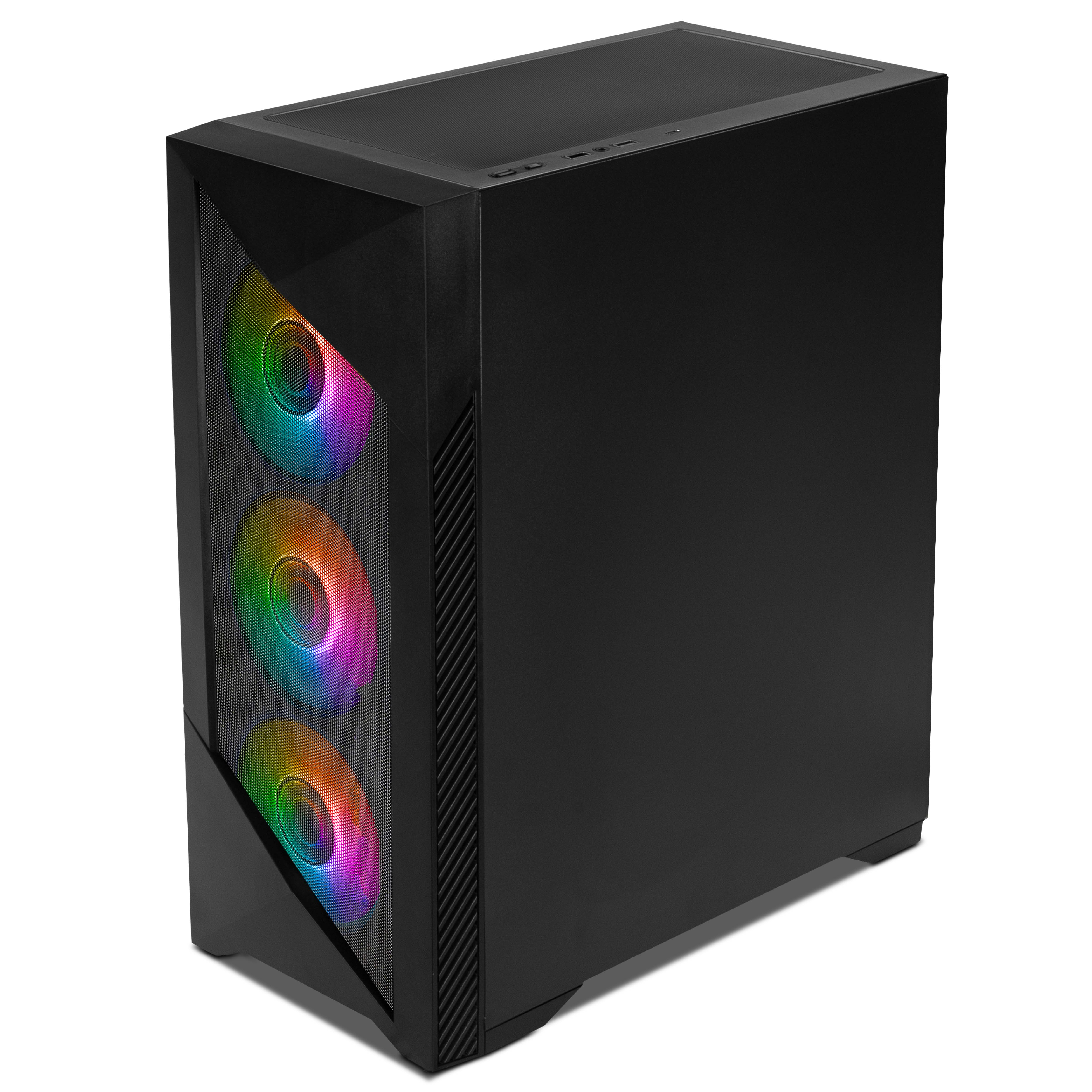 Torre de computadora negra con tres ventiladores RGB iluminados en el panel frontal de malla sobre fondo blanco.