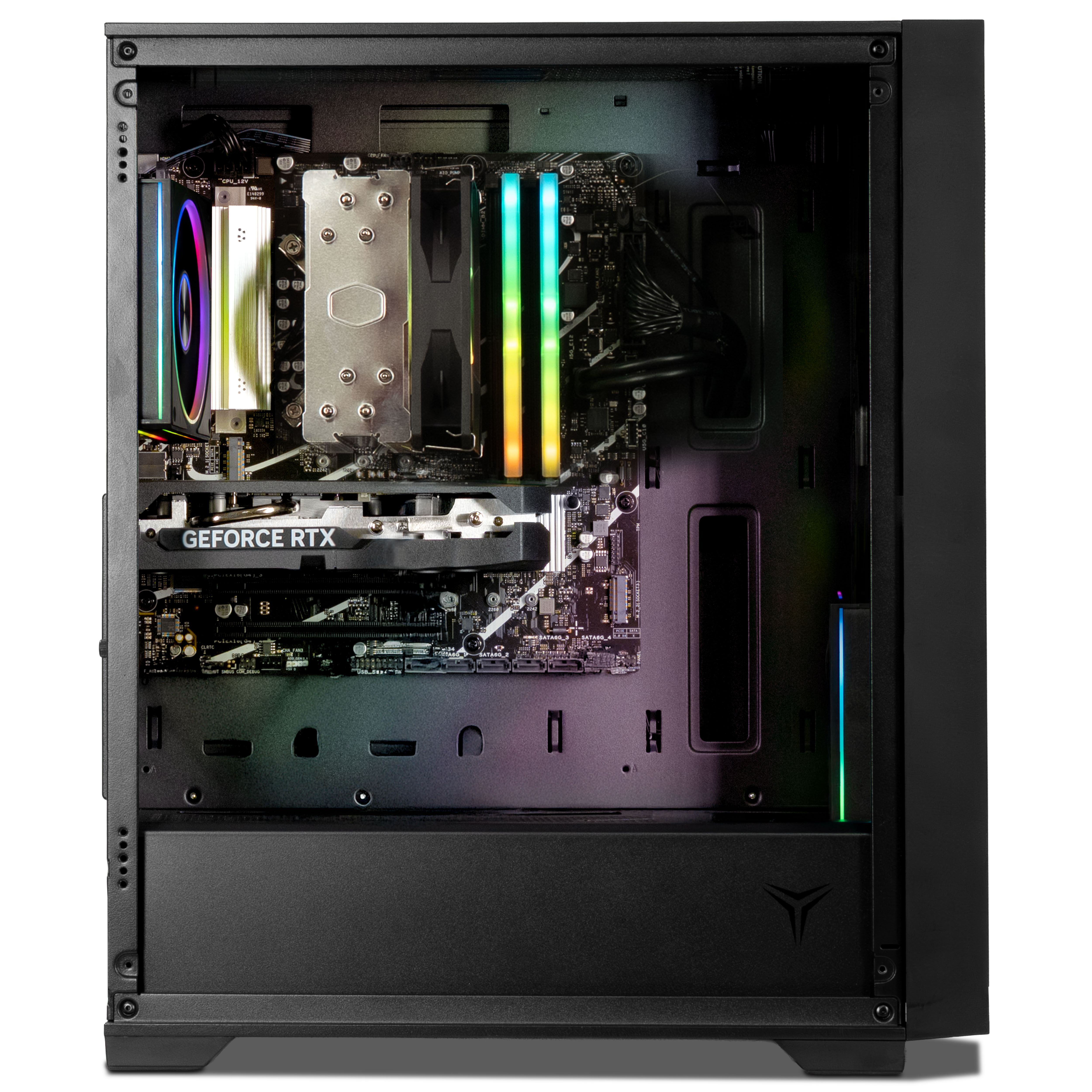 Gabinete de PC abierto con placa madre, disipador, memorias RAM coloridas y tarjeta gráfica GeForce RTX.